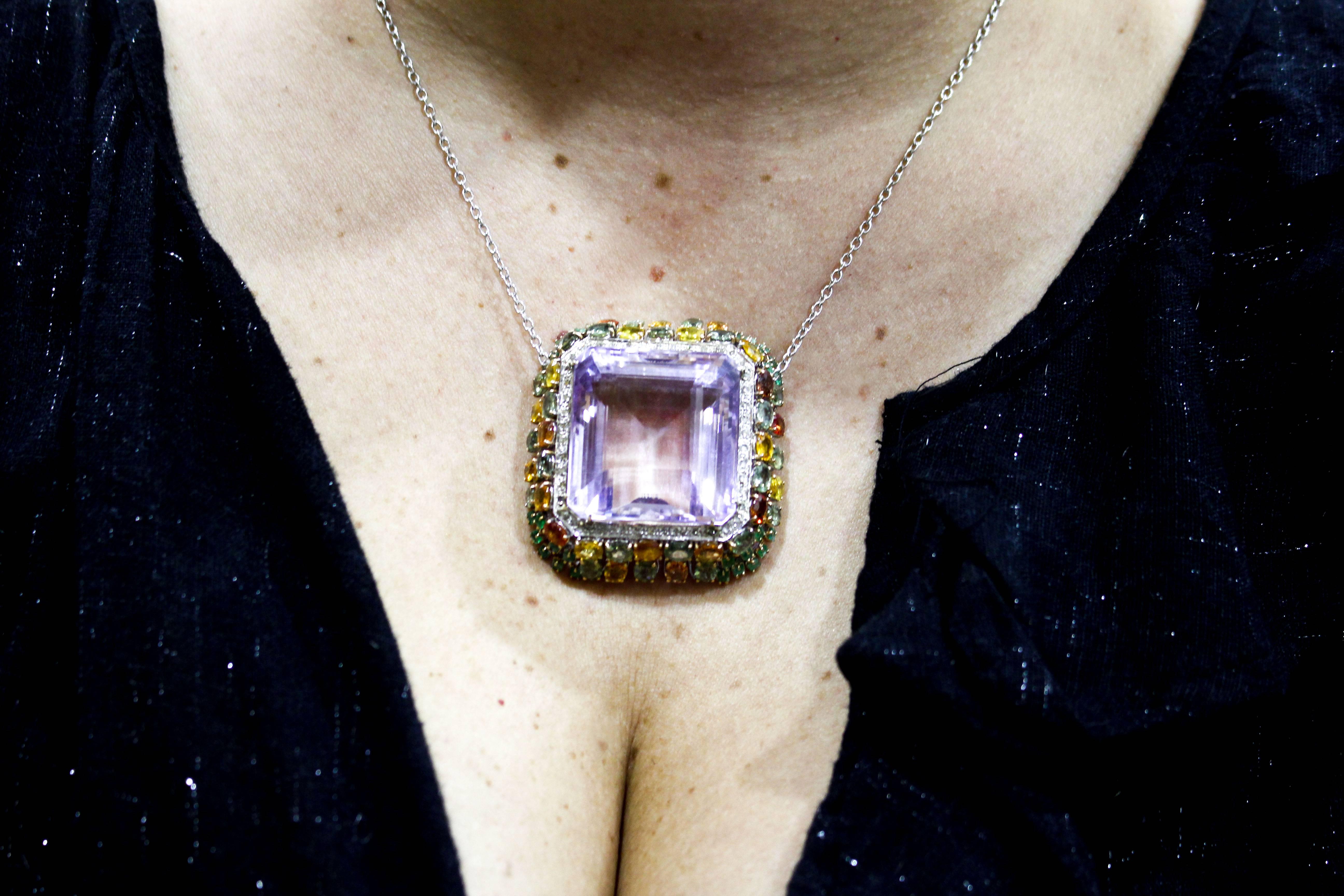 Women's  Diamonds Amethyst Sapphires Emerald White Gold Pendant  For Sale