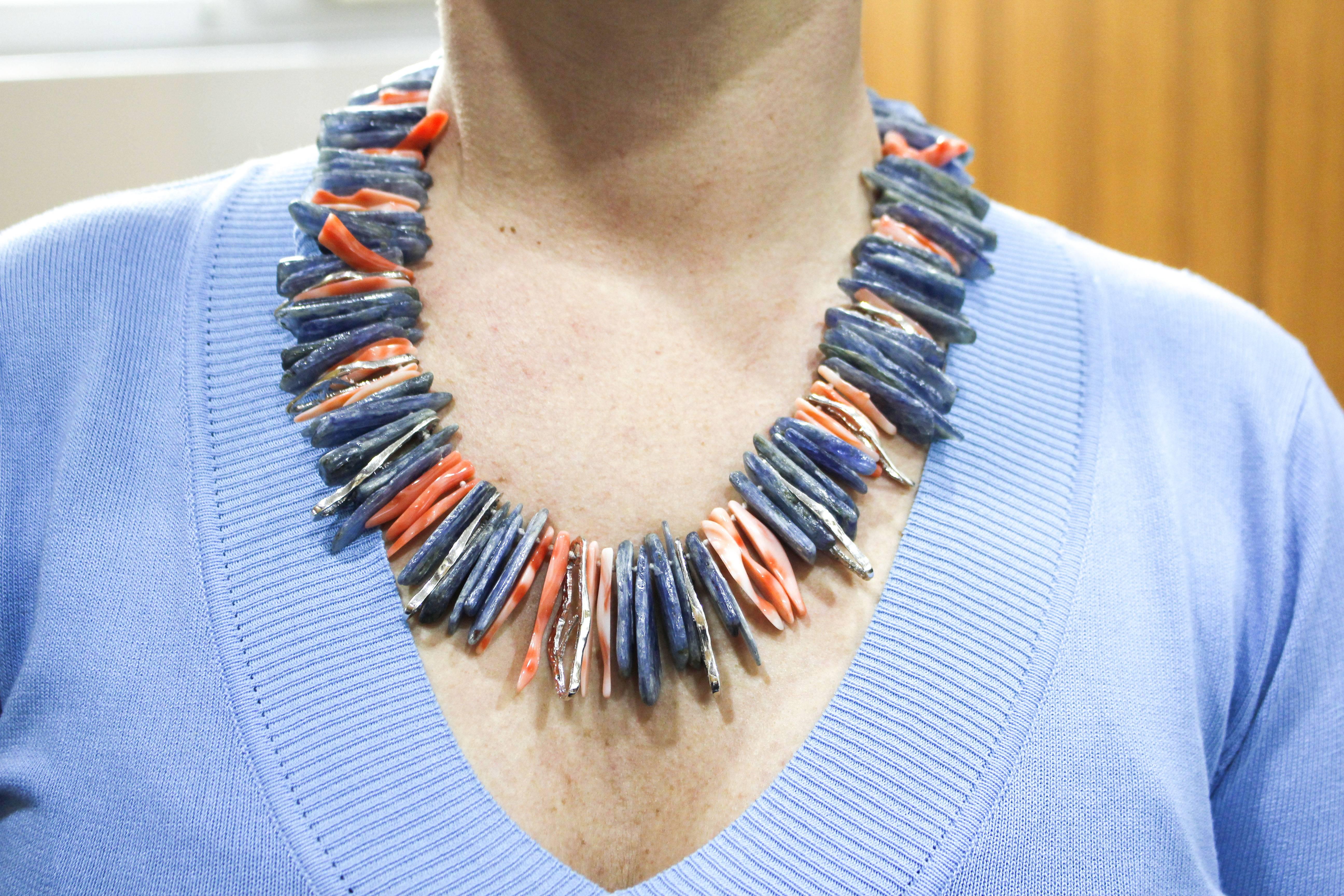 Women's Orange Coral, Kyanite Stones, Diamonds, White Gold Scraps Retrò Necklace For Sale