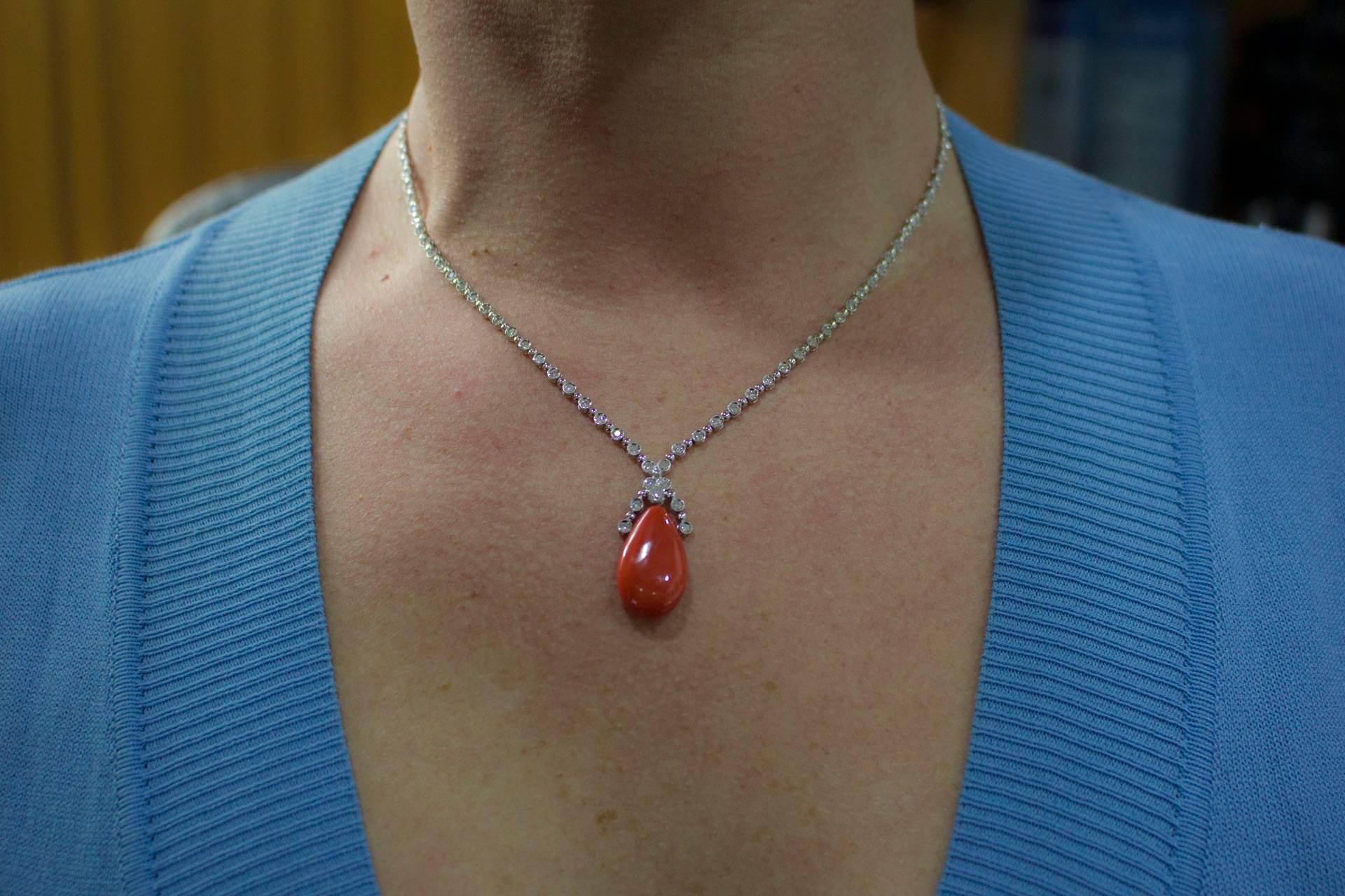 Diamonds, Red Coral Drop, 14K White Gold Drop Pendant Necklace 1