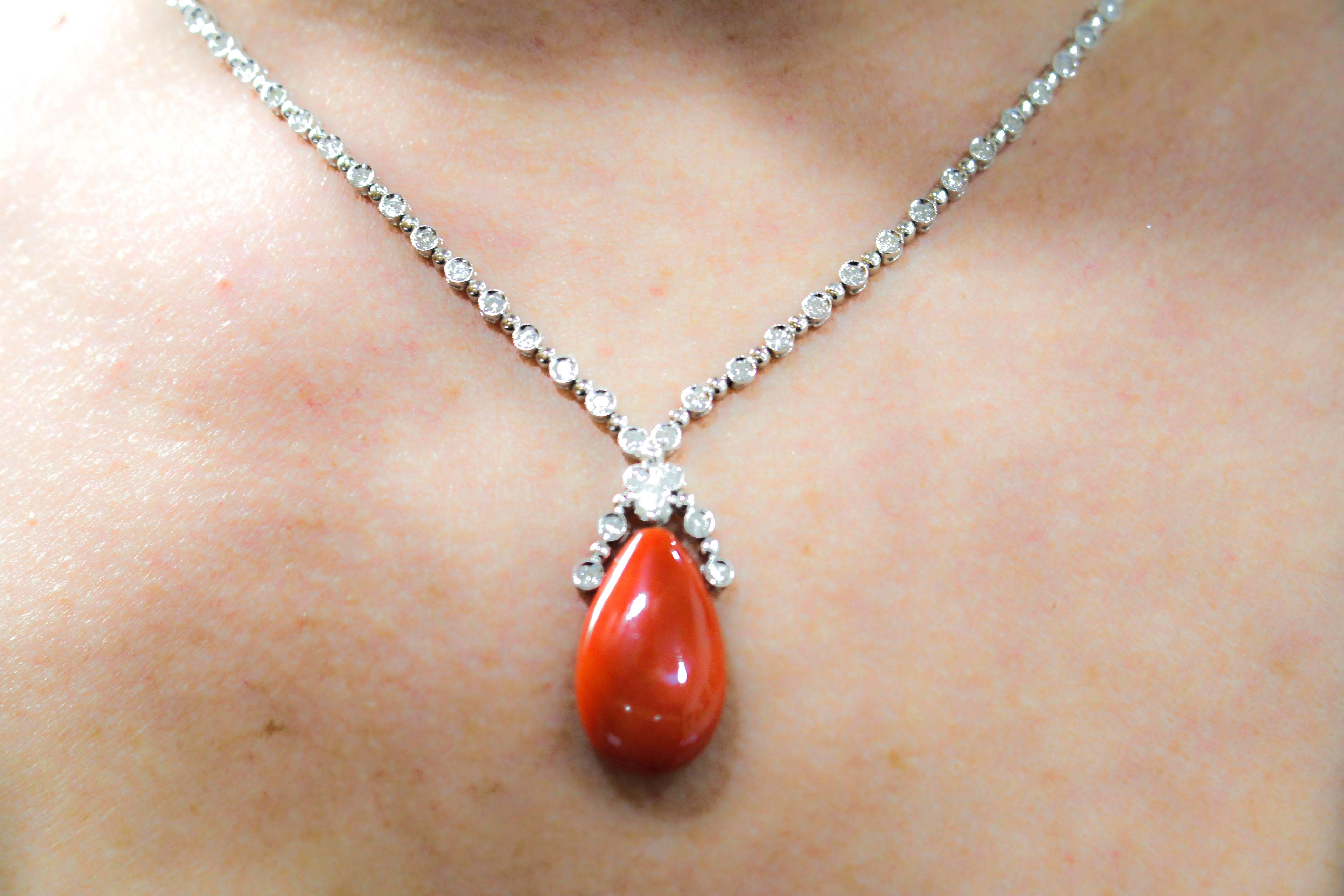 Women's Diamonds, Red Coral Drop, 14K White Gold Drop Pendant Necklace