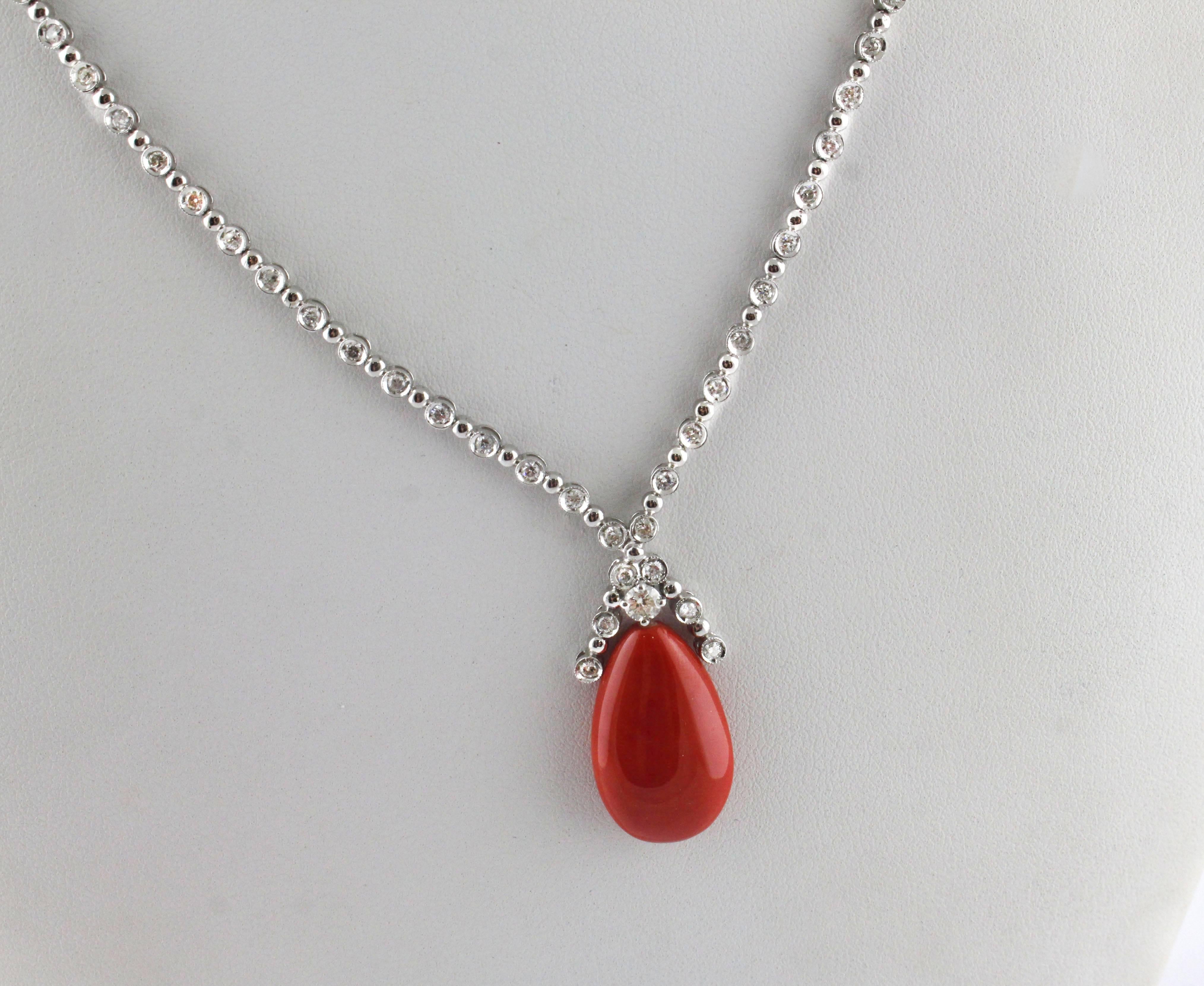 Contemporary Diamonds, Red Coral Drop, 14K White Gold Drop Pendant Necklace
