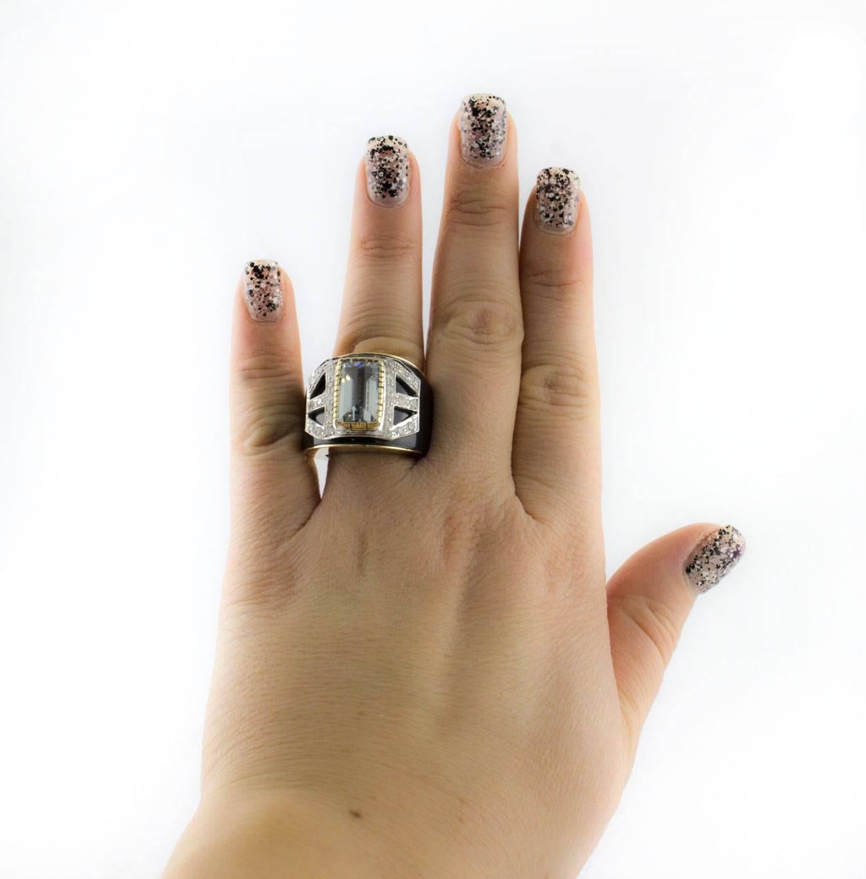 Women's Onyx Aquamarine Diamonds Rose and White Gold Band Ring 