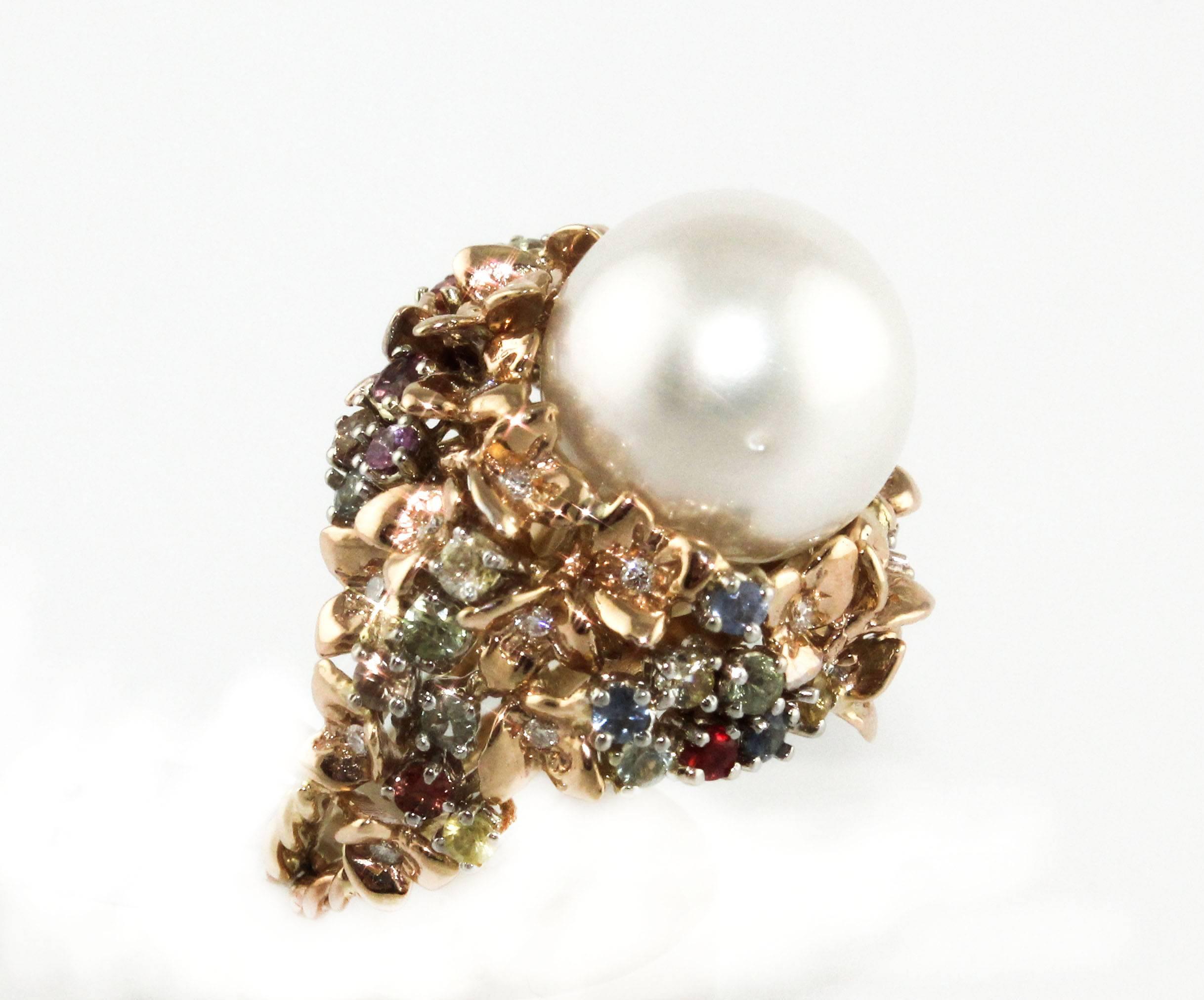 Retro Diamonds Sapphires Australian Pearl Gold Ring 