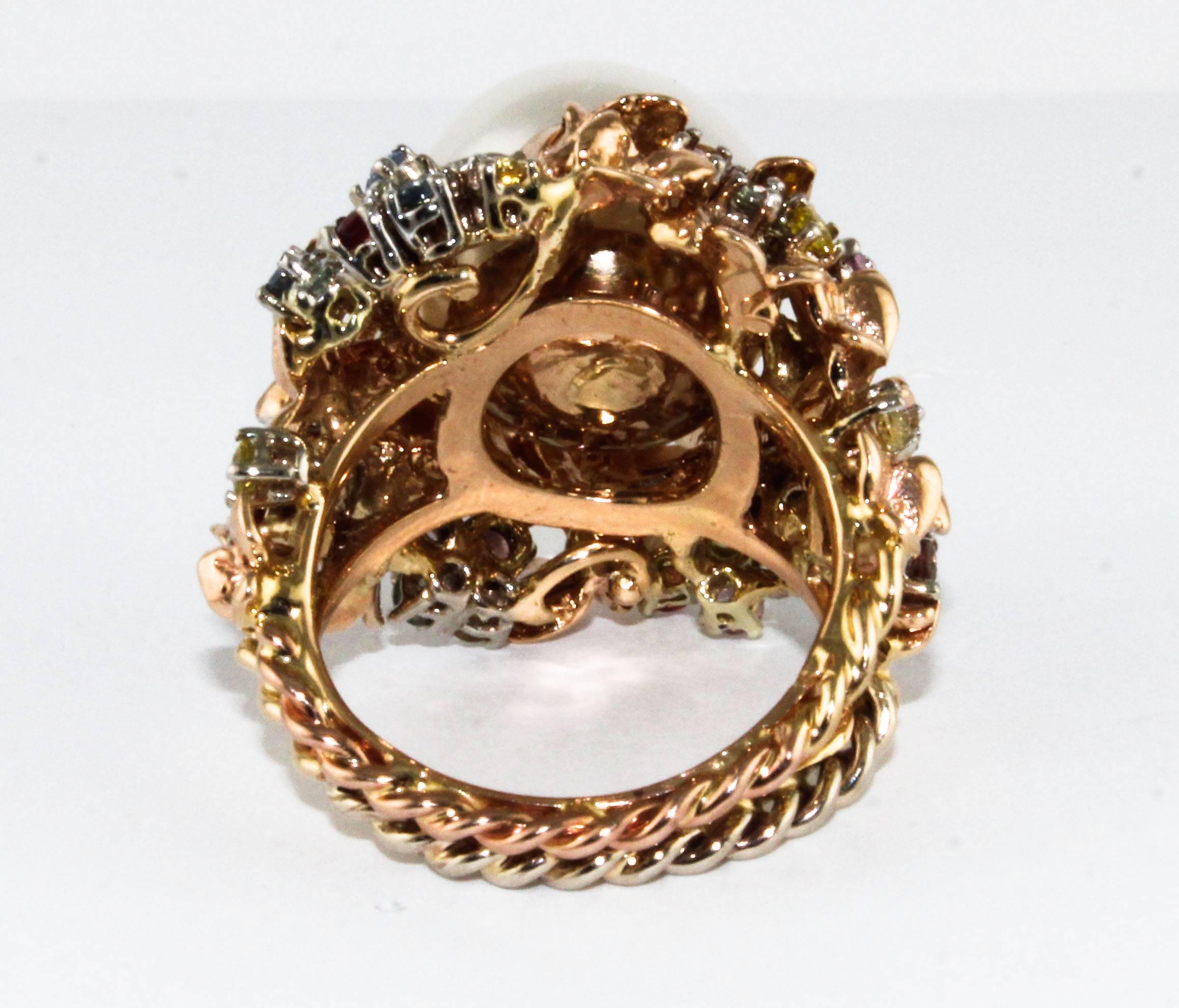 Mixed Cut Diamonds Sapphires Australian Pearl Gold Ring 