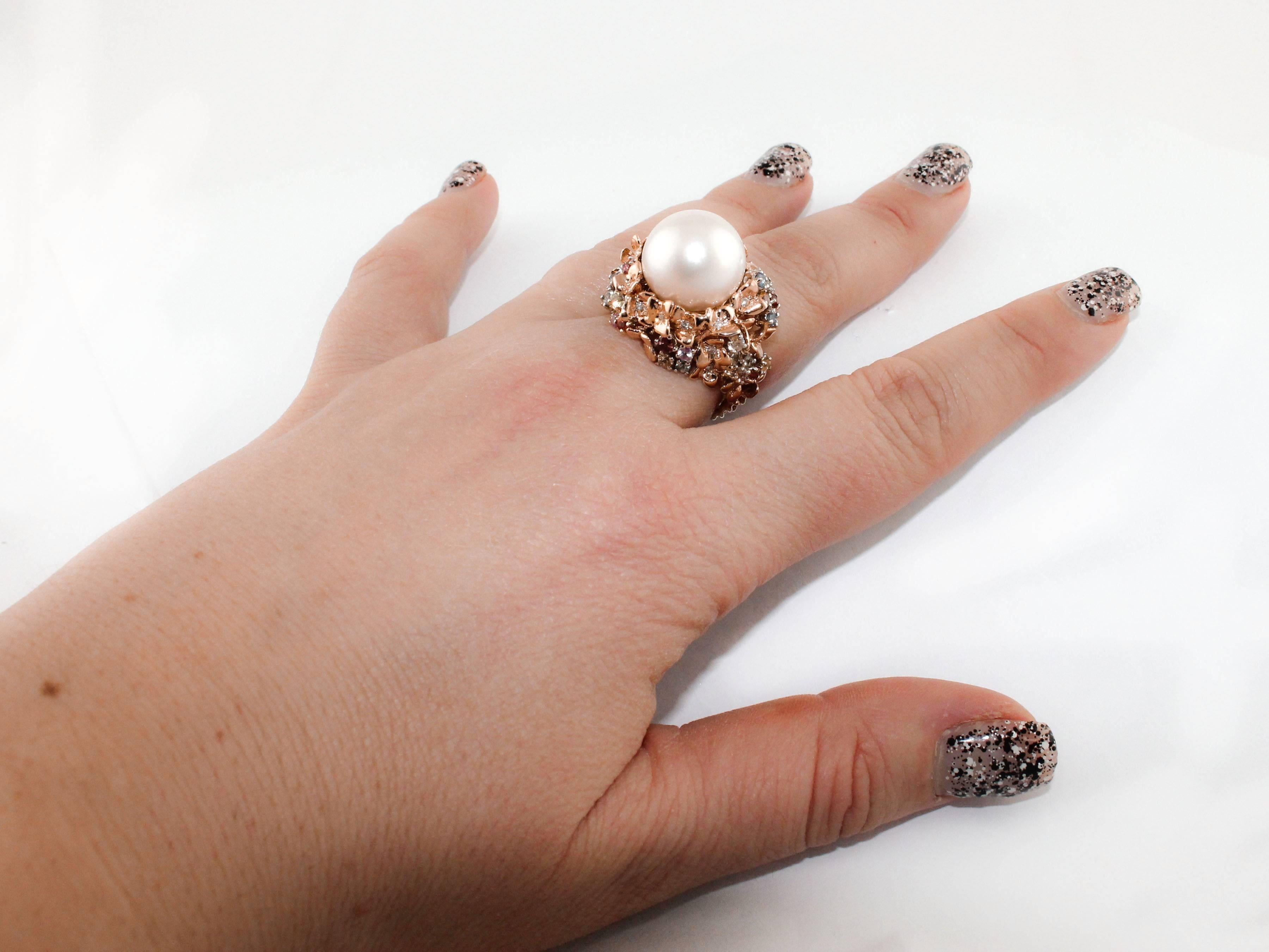 Women's Diamonds Sapphires Australian Pearl Gold Ring 