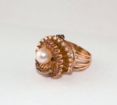 Diamonds Sapphires Rubies Pearl  Rose Gold Spiral Ring
