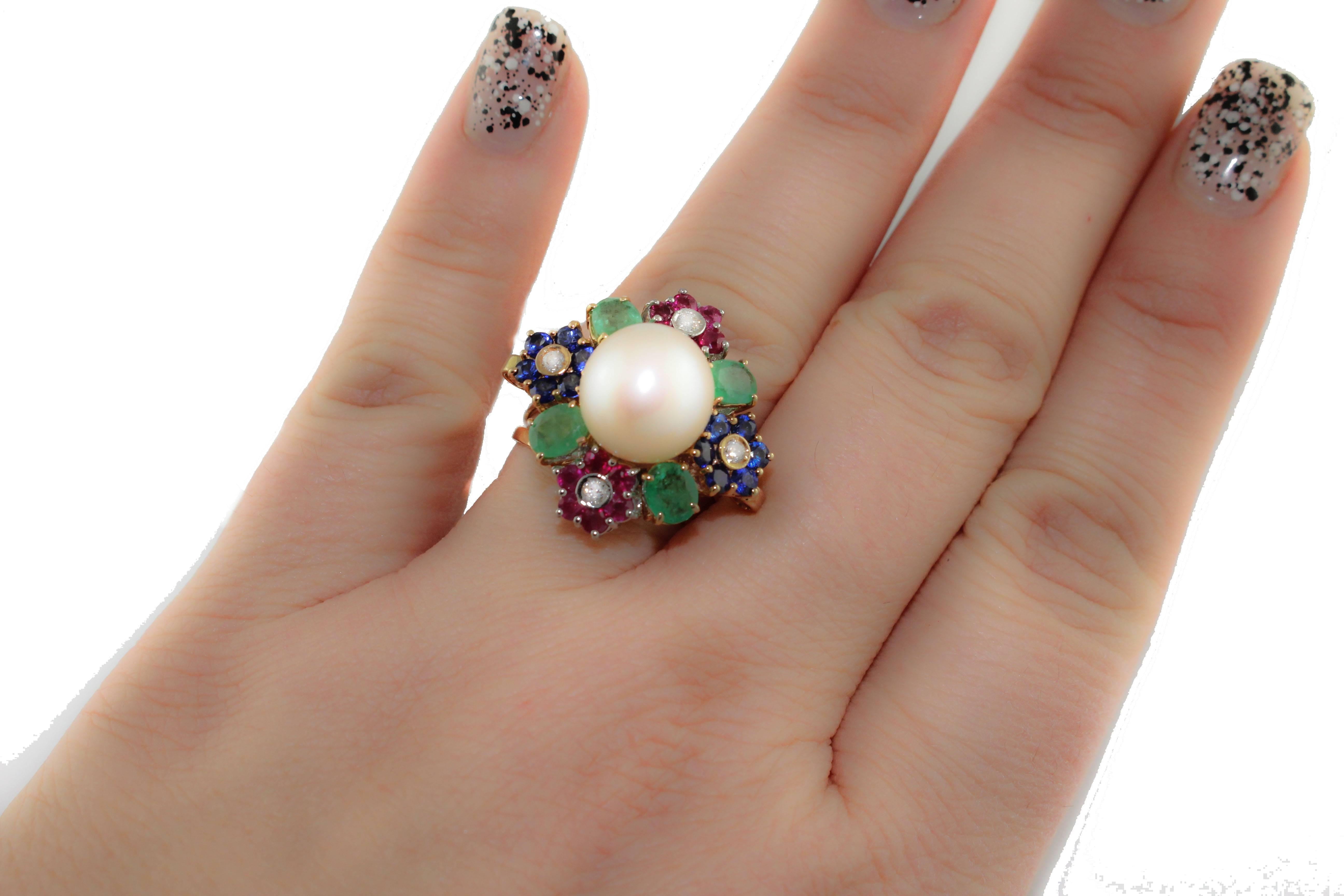  Diamonds Precious Stones Pearls Rose Gold Flower Ring  In Good Condition In Marcianise, Marcianise (CE)