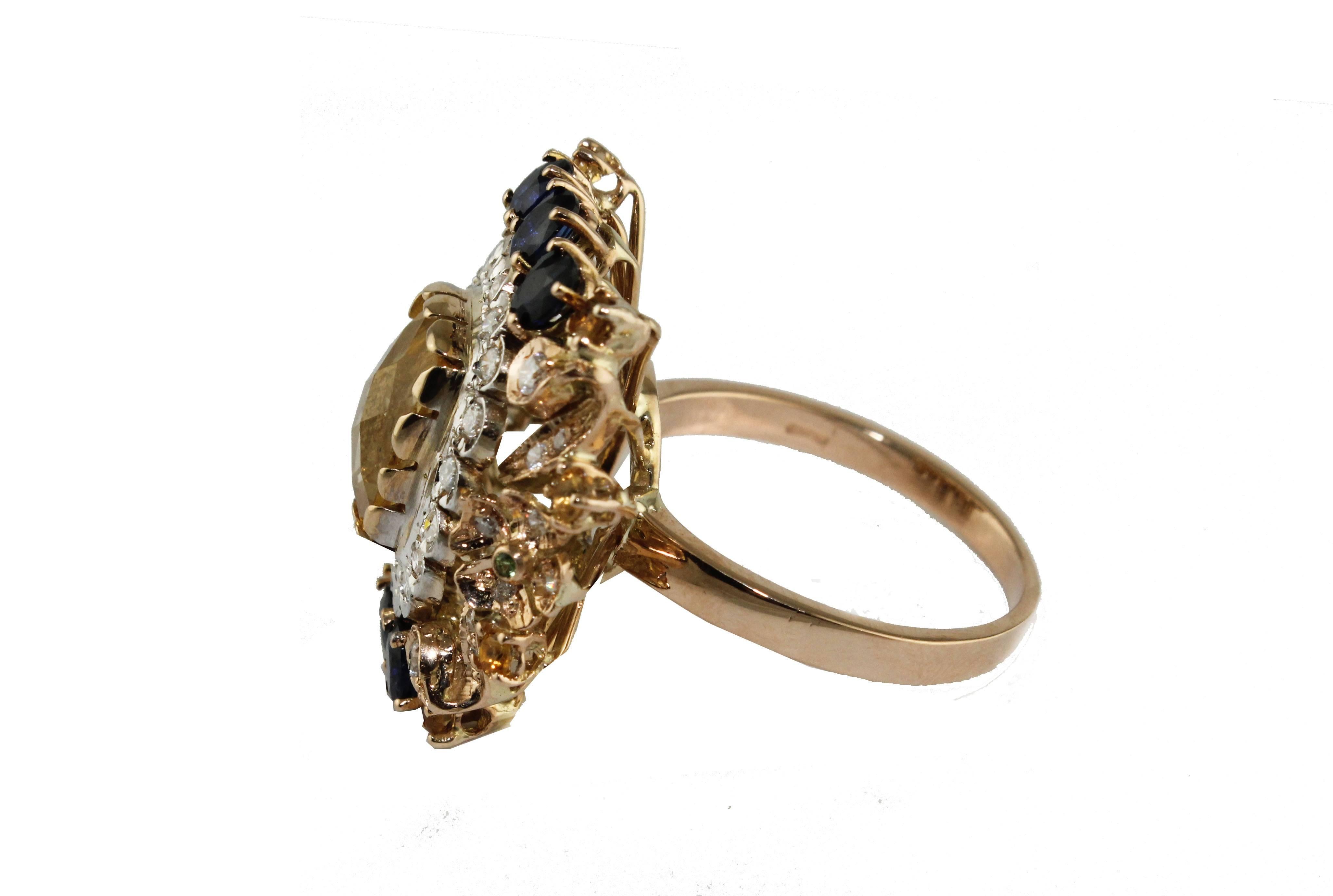 Retro  Diamonds Sapphires Topaz Tsavorite  Rose Gold Crown Ring For Sale