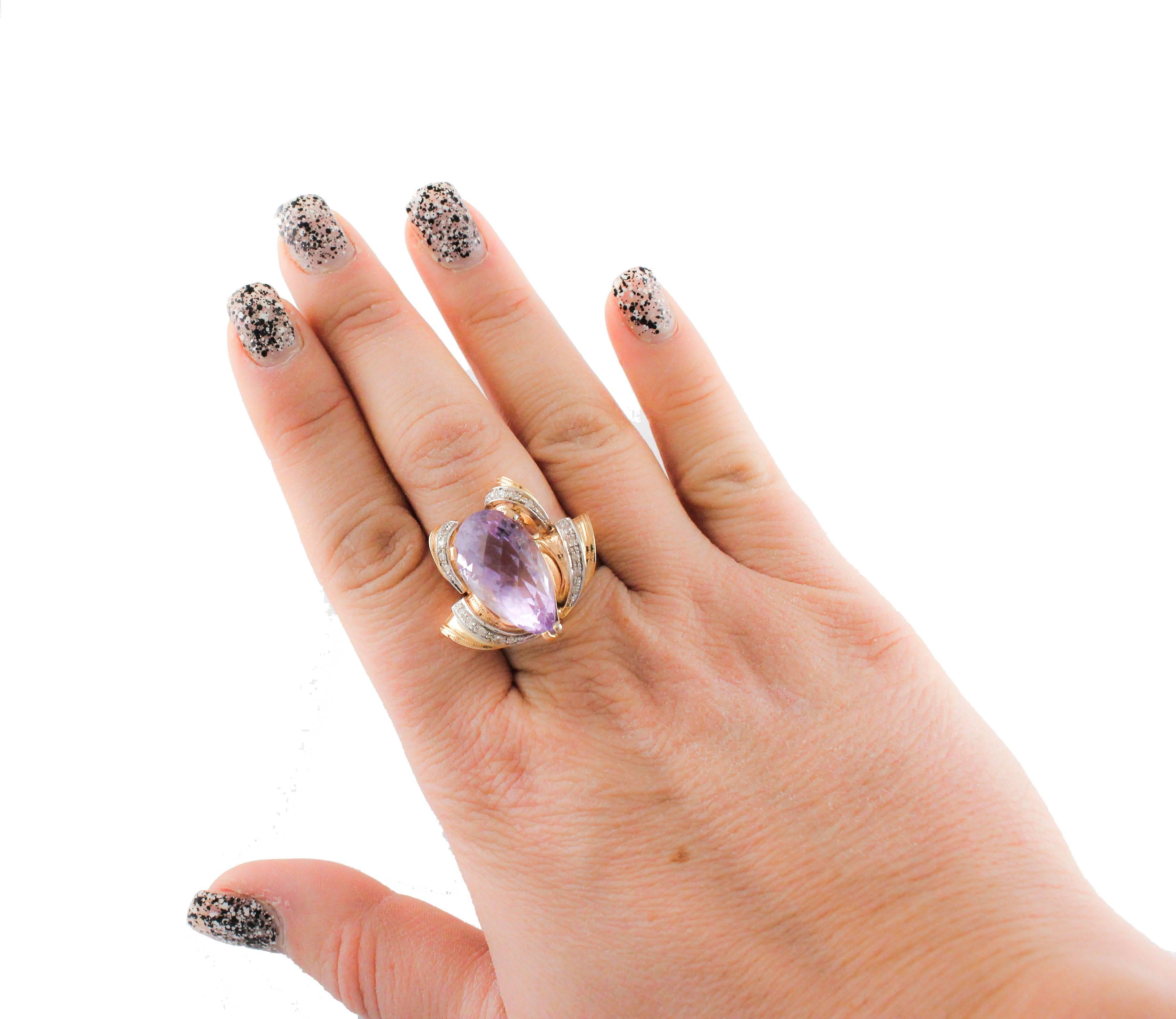 Mixed Cut  Diamonds Amethyst Rose Gold Ring  For Sale