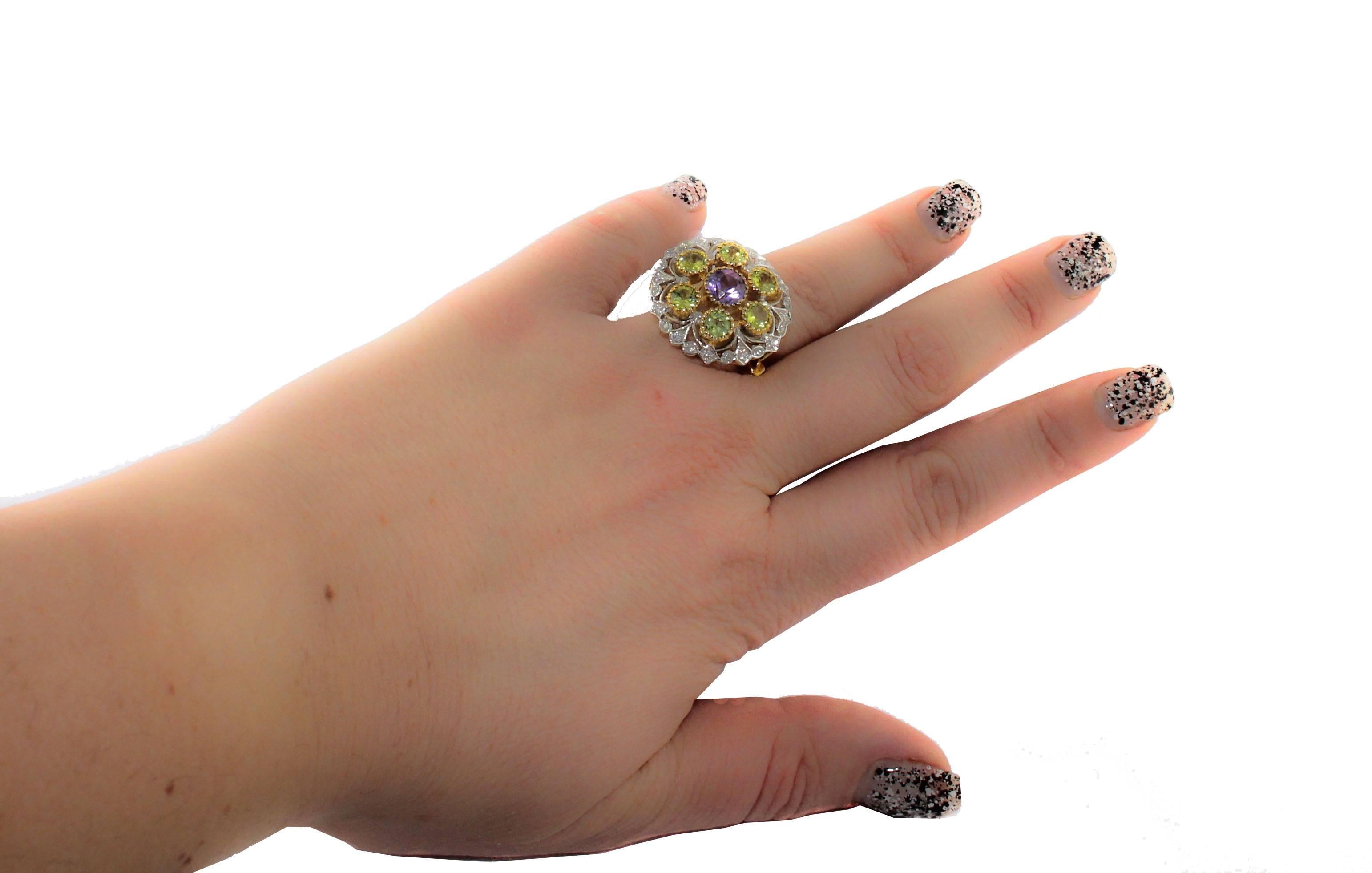 Mixed Cut  Diamonds Tsavorite Amethyst Yellow and White Gold Flower Ring For Sale