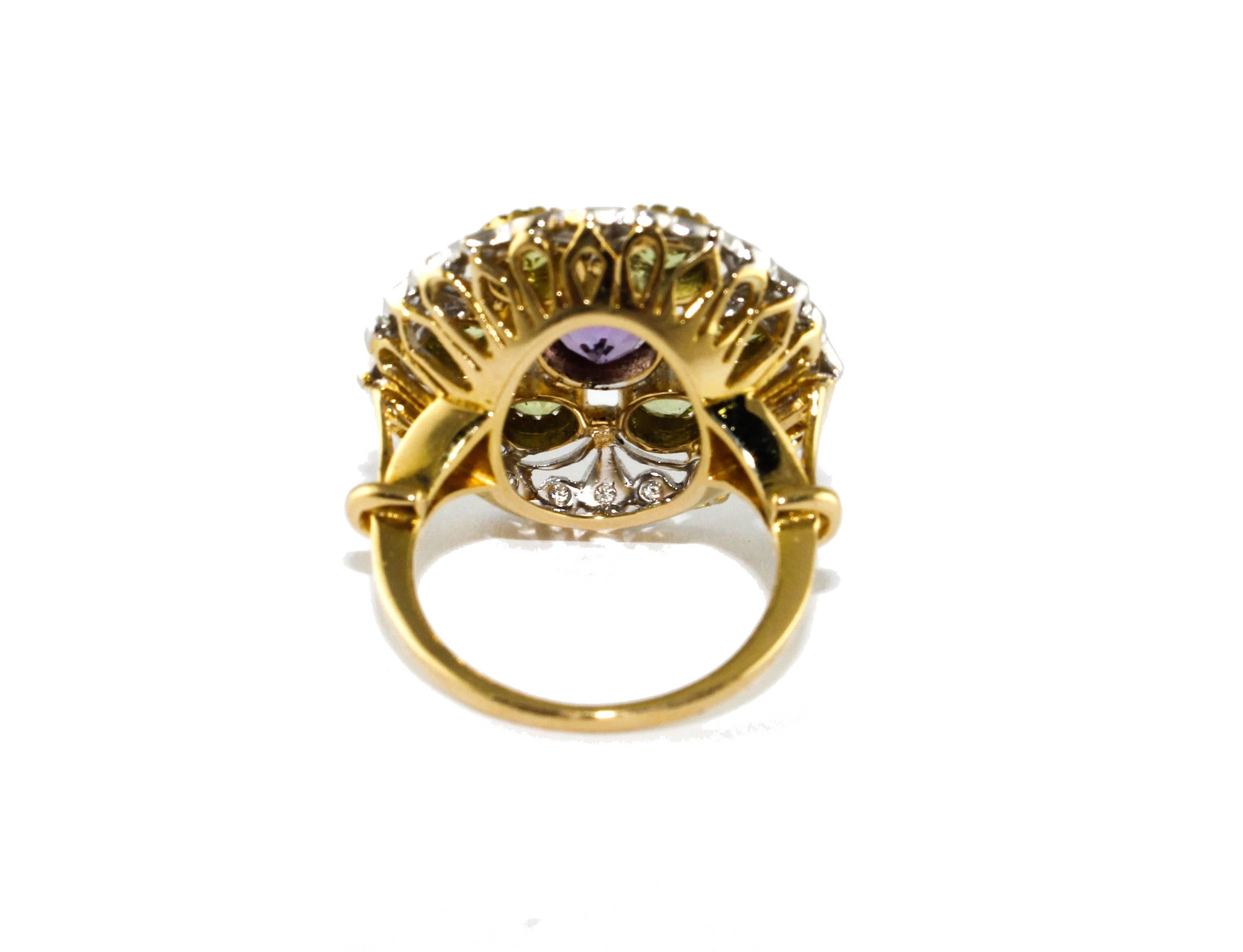 Retro  Diamonds Tsavorite Amethyst Yellow and White Gold Flower Ring For Sale