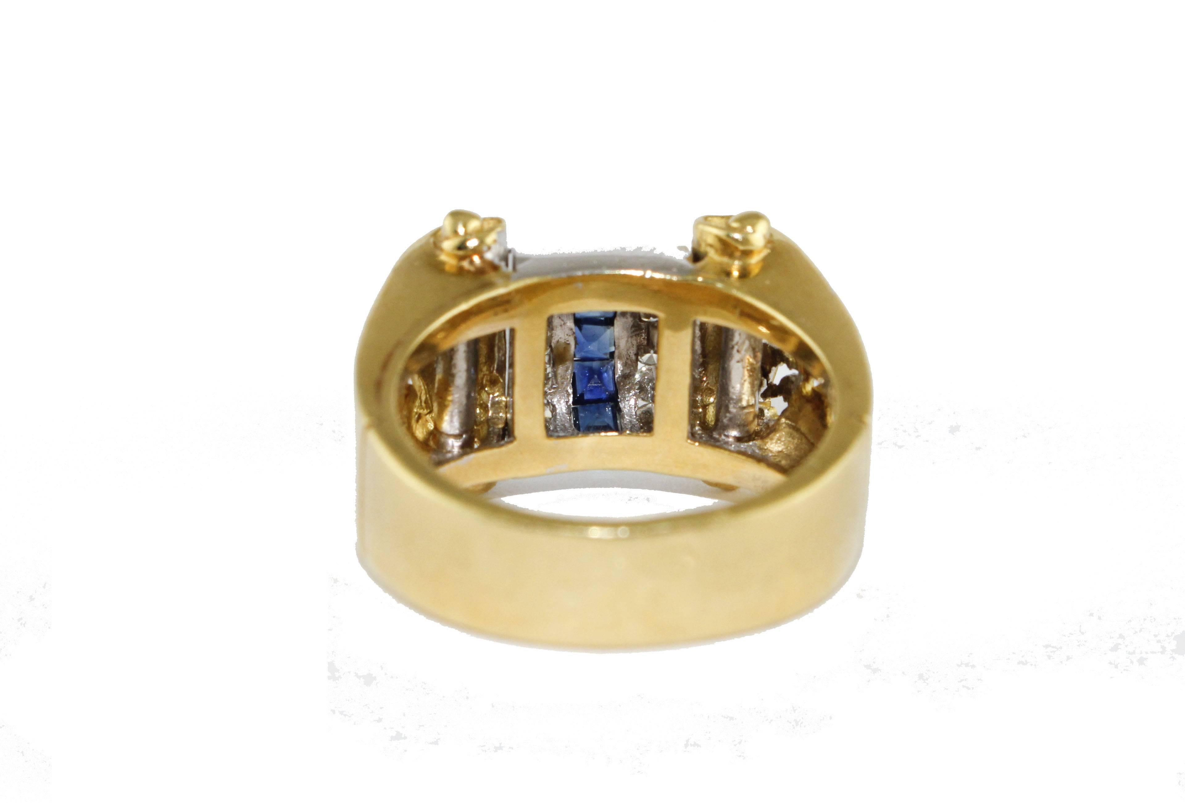 Retro  Diamonds Sapphires 18 kt Yellow and White Gold Ring For Sale