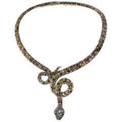 Diamond Topaz Garnet  Gold Silver Viper Necklace
