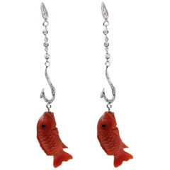 Diamond and Coral Dangle Gold Earrings