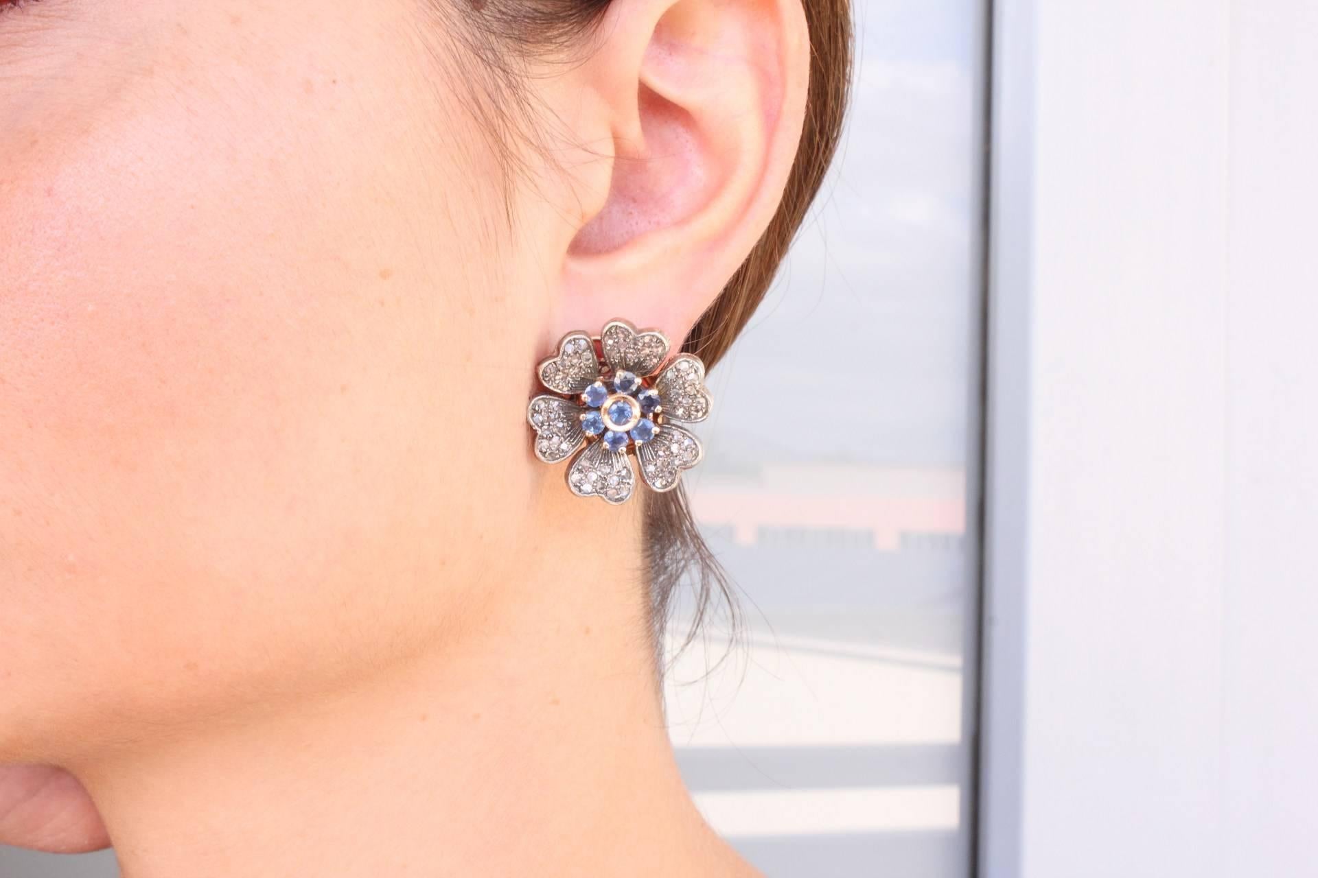 Retro Sapphire Diamond Gold Floral Earrings