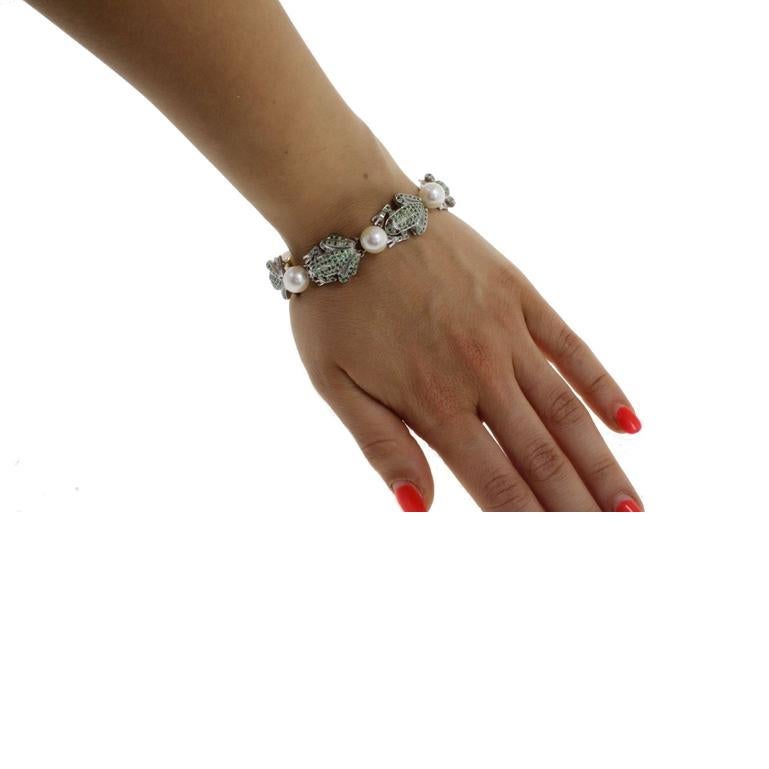 Retro Tsavorite Garnet Pearl Silver Gold Link Bracelet For Sale