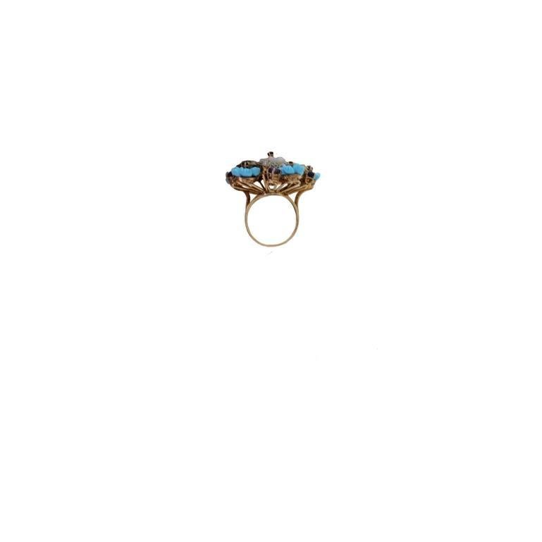 Retro Diamonds, Turquoise Paste, White Agate, Sapphires, Gold and Silver Cocktail Ring For Sale
