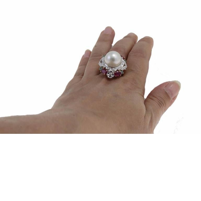 De las mujeres Anillo de oro con diamante, rubí, esmeralda y perla en venta