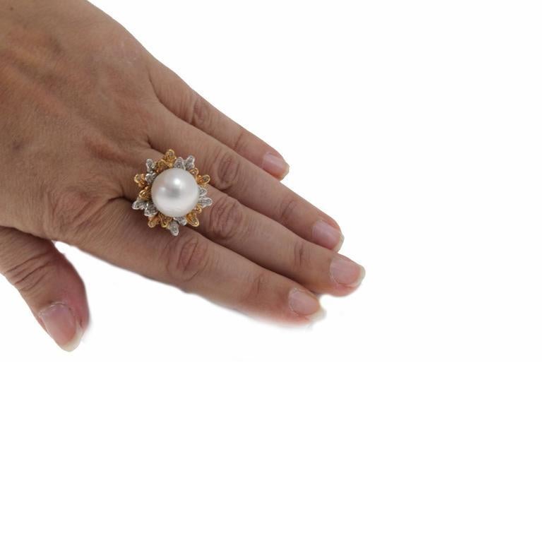 Round Cut Diamond Pearl Yellow Gold and White Gold Ring For Sale