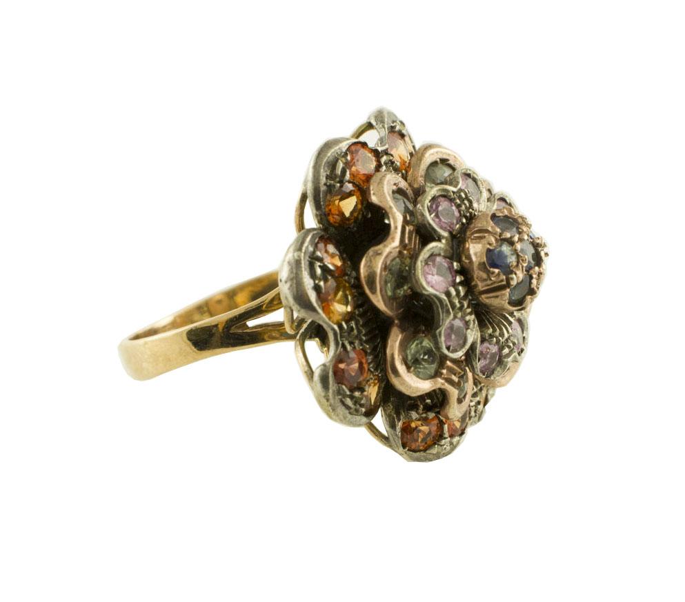 Retro Blue Pink Green Yellow Sapphires Rose Gold and Silver Flower Shape Cluster Ring