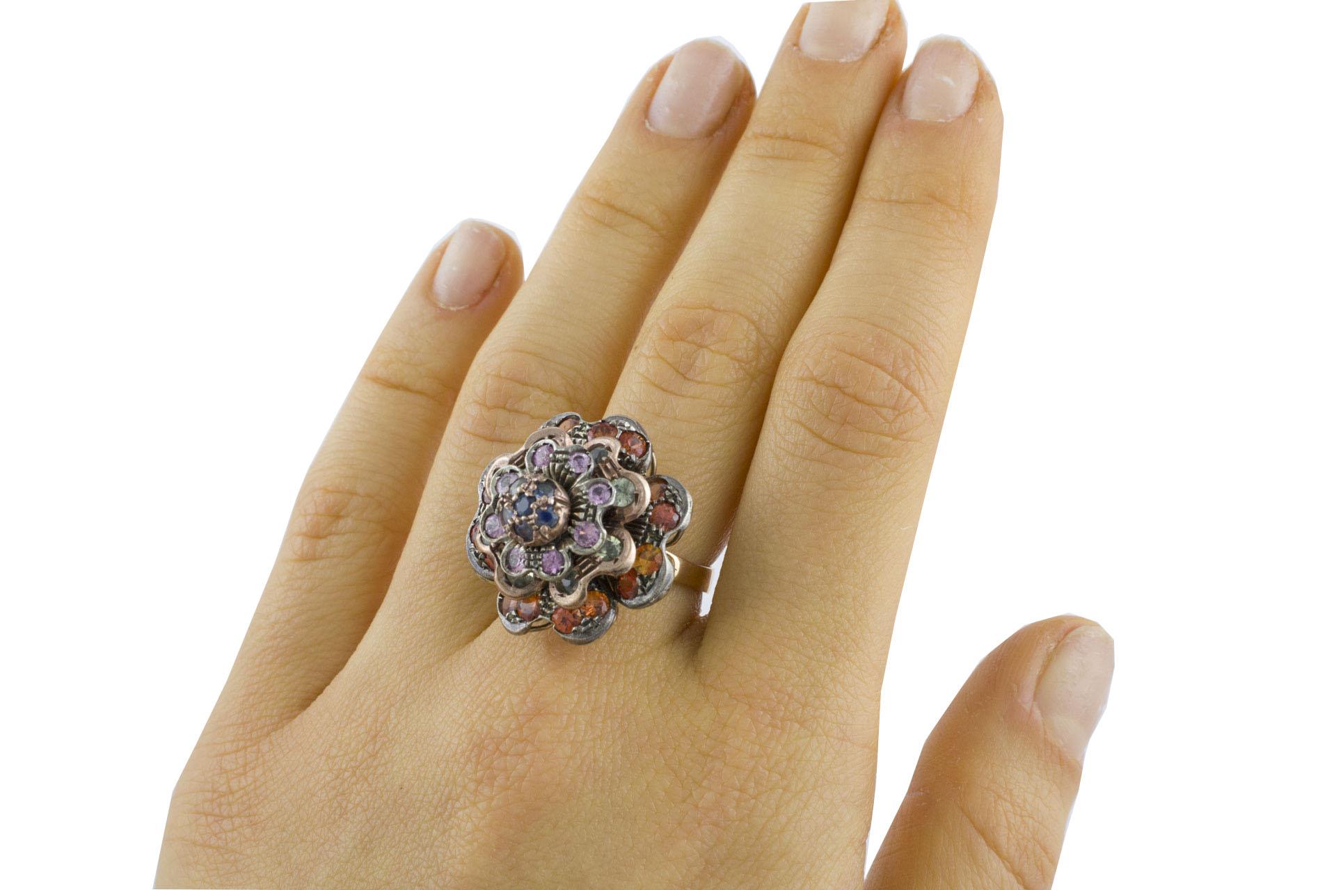 Blue Pink Green Yellow Sapphires Rose Gold and Silver Flower Shape Cluster Ring 4