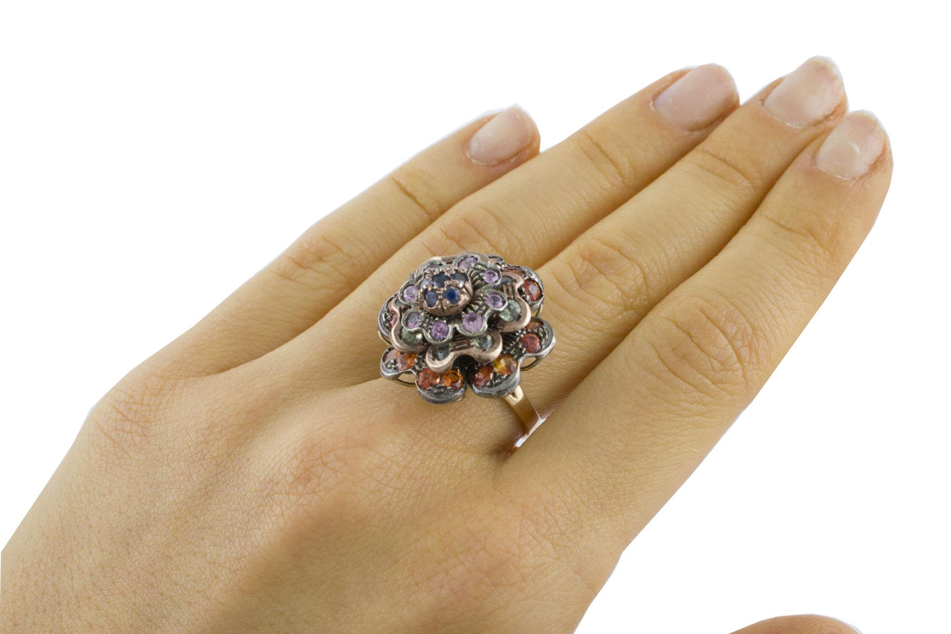 Blue Pink Green Yellow Sapphires Rose Gold and Silver Flower Shape Cluster Ring 5