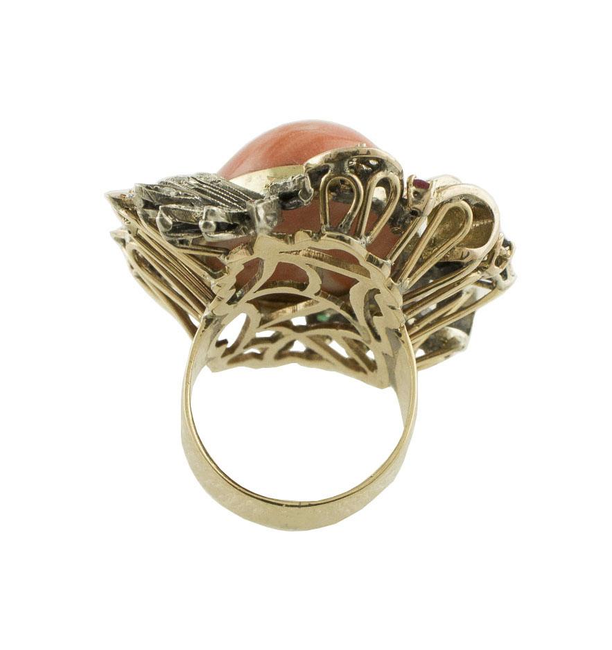 Retro Diamonds Rubies Emeralds Blue and Yellow Sapphires Coral Rose Gold Silver Ring For Sale