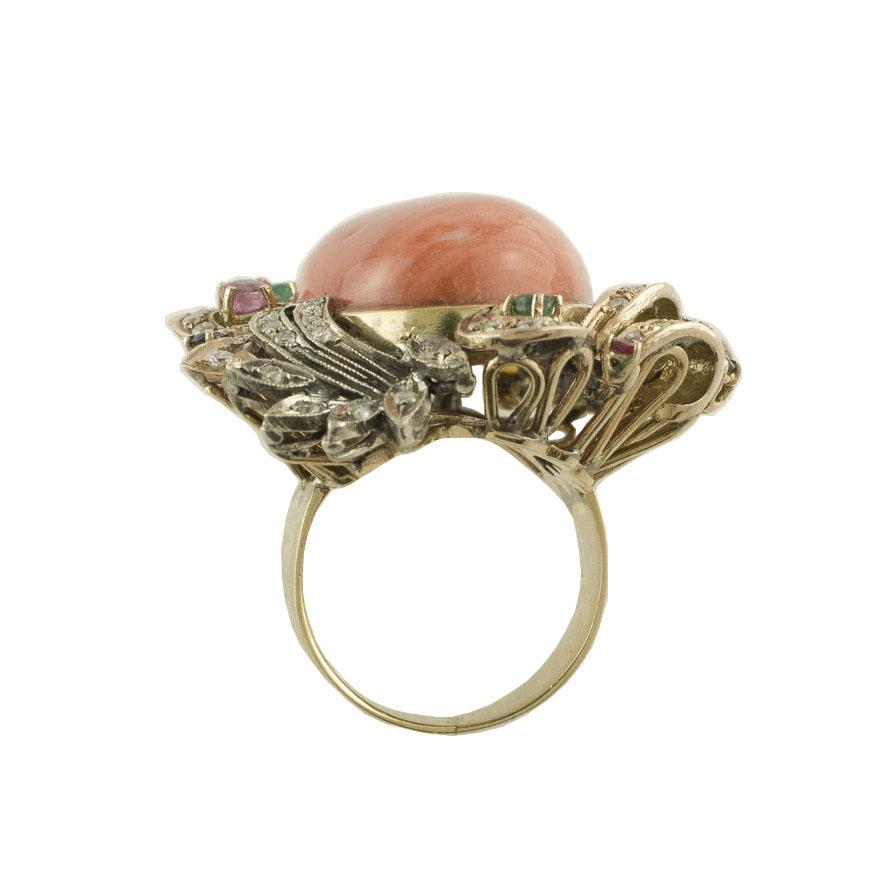 Rose Cut Diamonds Rubies Emeralds Blue and Yellow Sapphires Coral Rose Gold Silver Ring For Sale