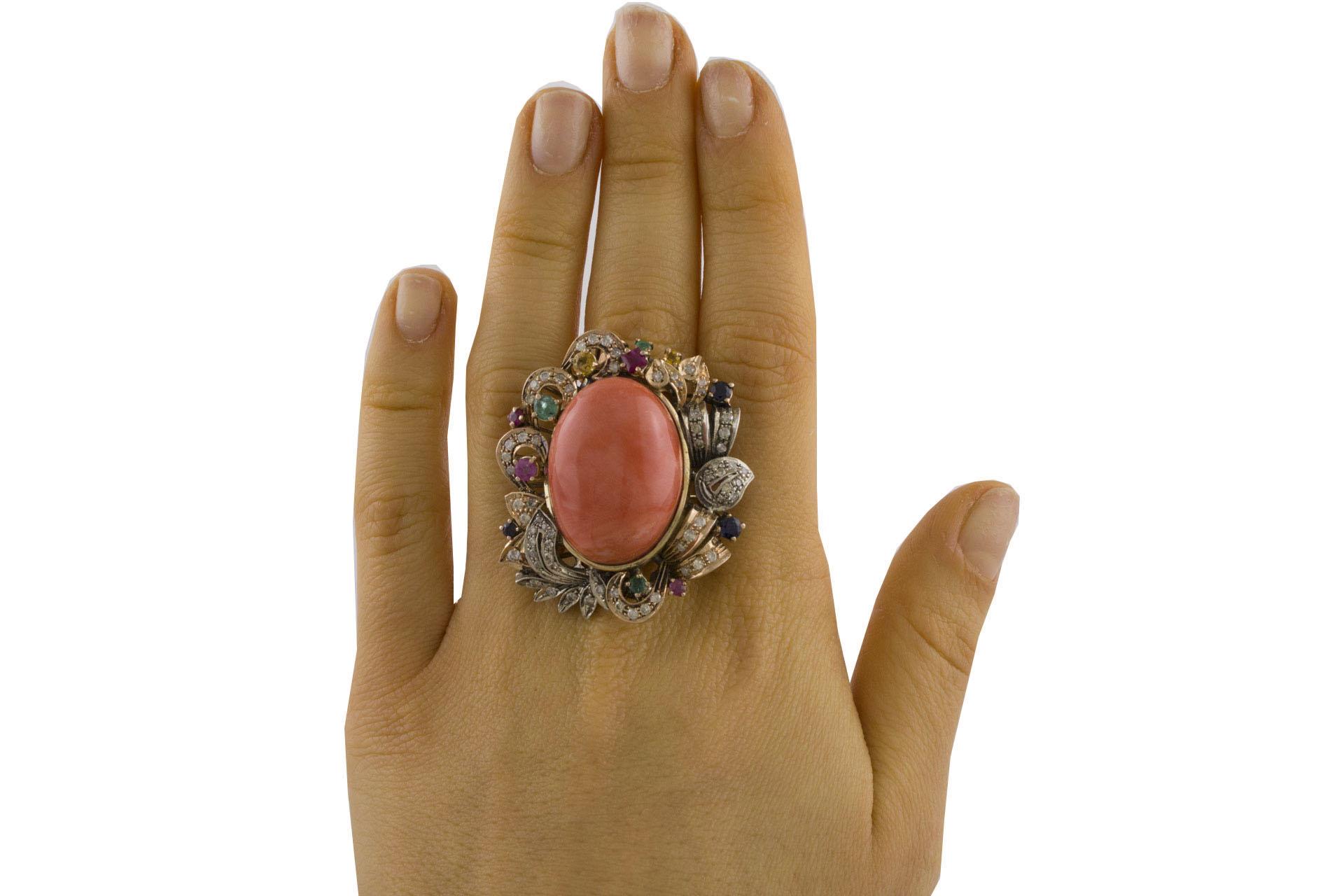 Women's Diamonds Rubies Emeralds Blue and Yellow Sapphires Coral Rose Gold Silver Ring For Sale