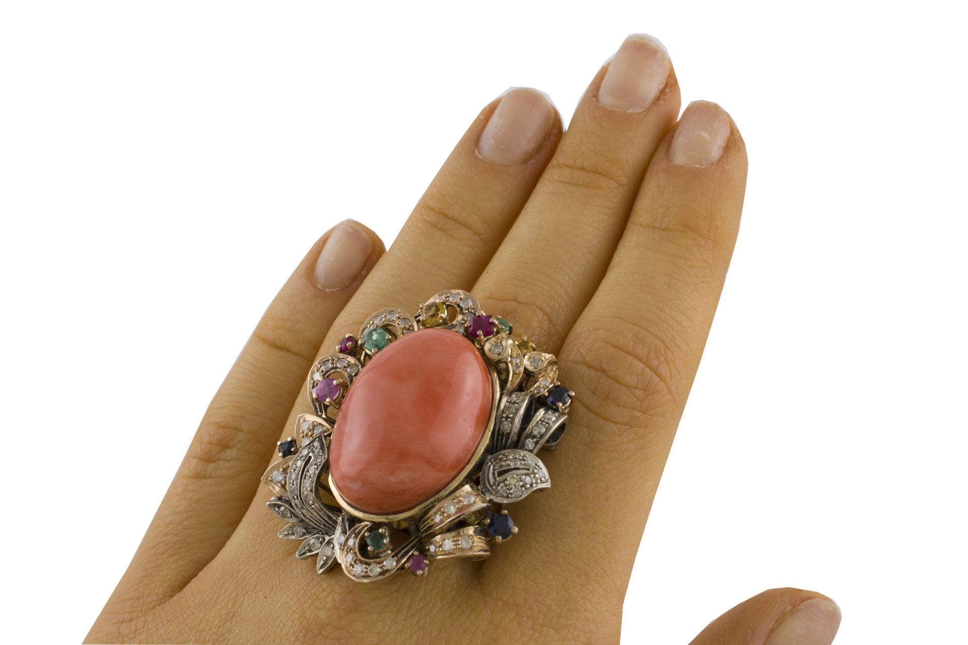 Diamonds Rubies Emeralds Blue and Yellow Sapphires Coral Rose Gold Silver Ring For Sale 1