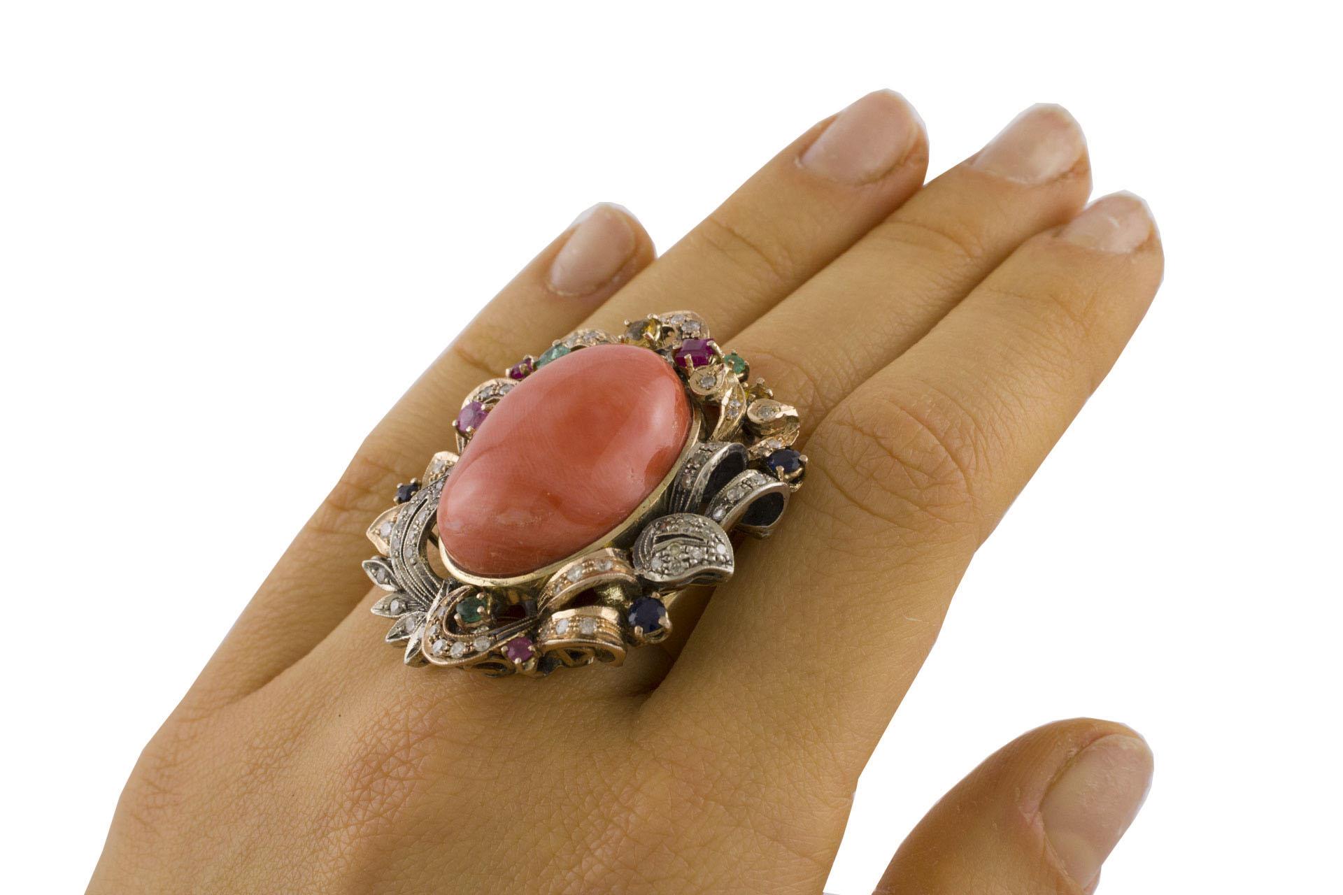 Diamonds Rubies Emeralds Blue and Yellow Sapphires Coral Rose Gold Silver Ring For Sale 2
