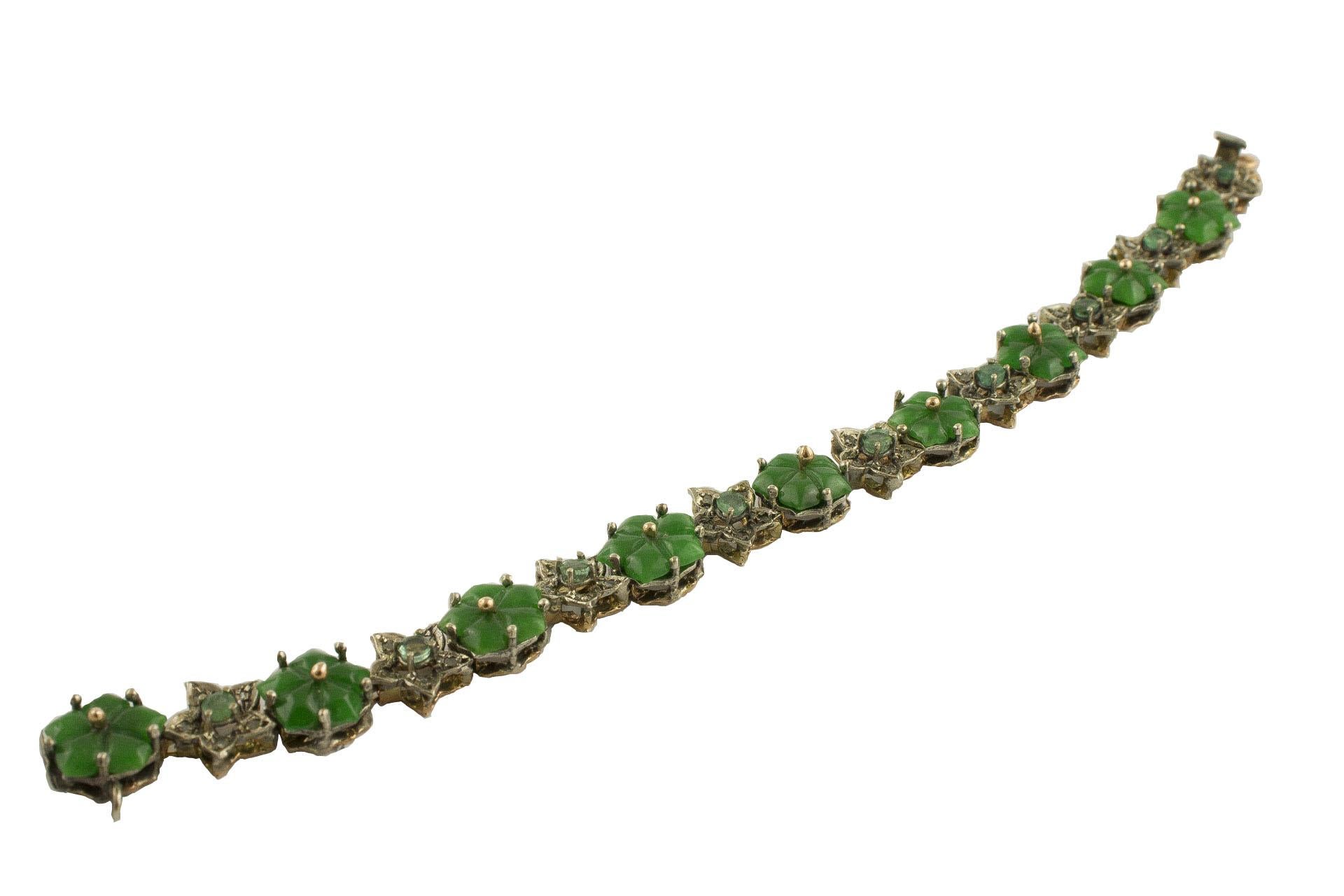 Retro Diamonds Emeralds Malaysian Jade Rose Gold and Silver Bracelet