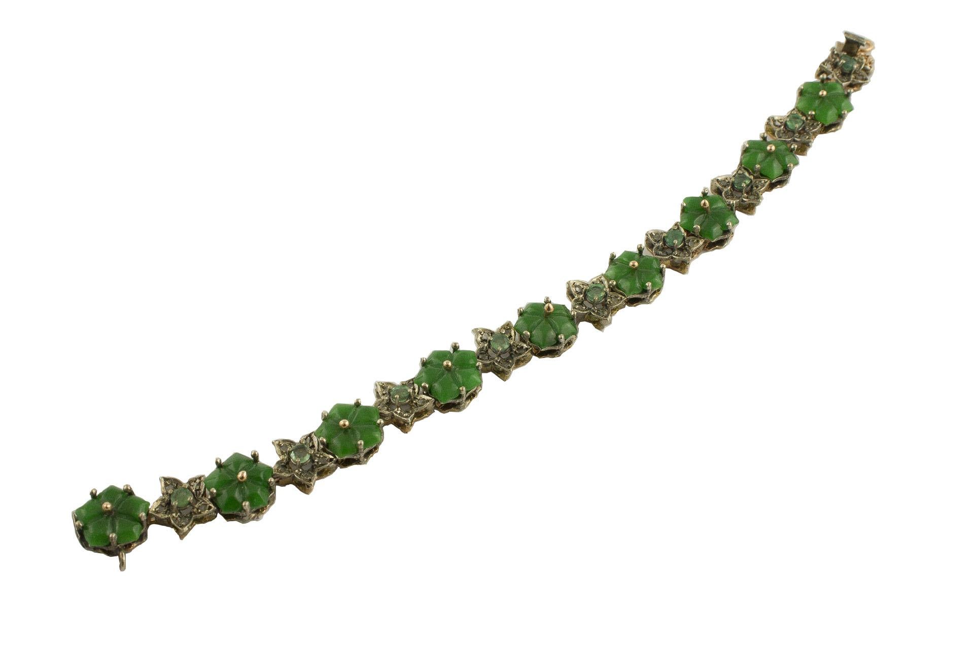 Rose Cut Diamonds Emeralds Malaysian Jade Rose Gold and Silver Bracelet