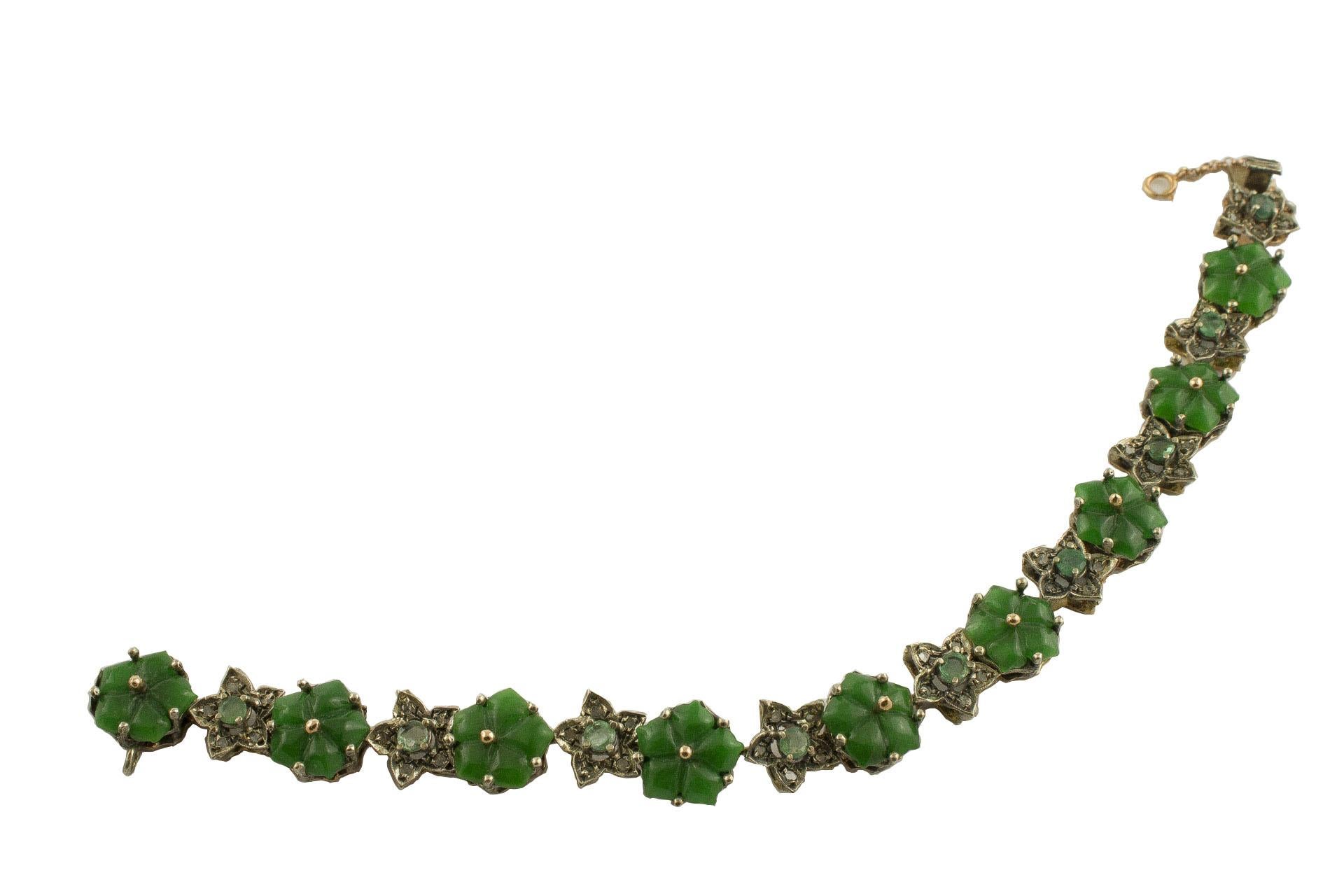 Diamonds Emeralds Malaysian Jade Rose Gold and Silver Bracelet In Excellent Condition In Marcianise, Marcianise (CE)