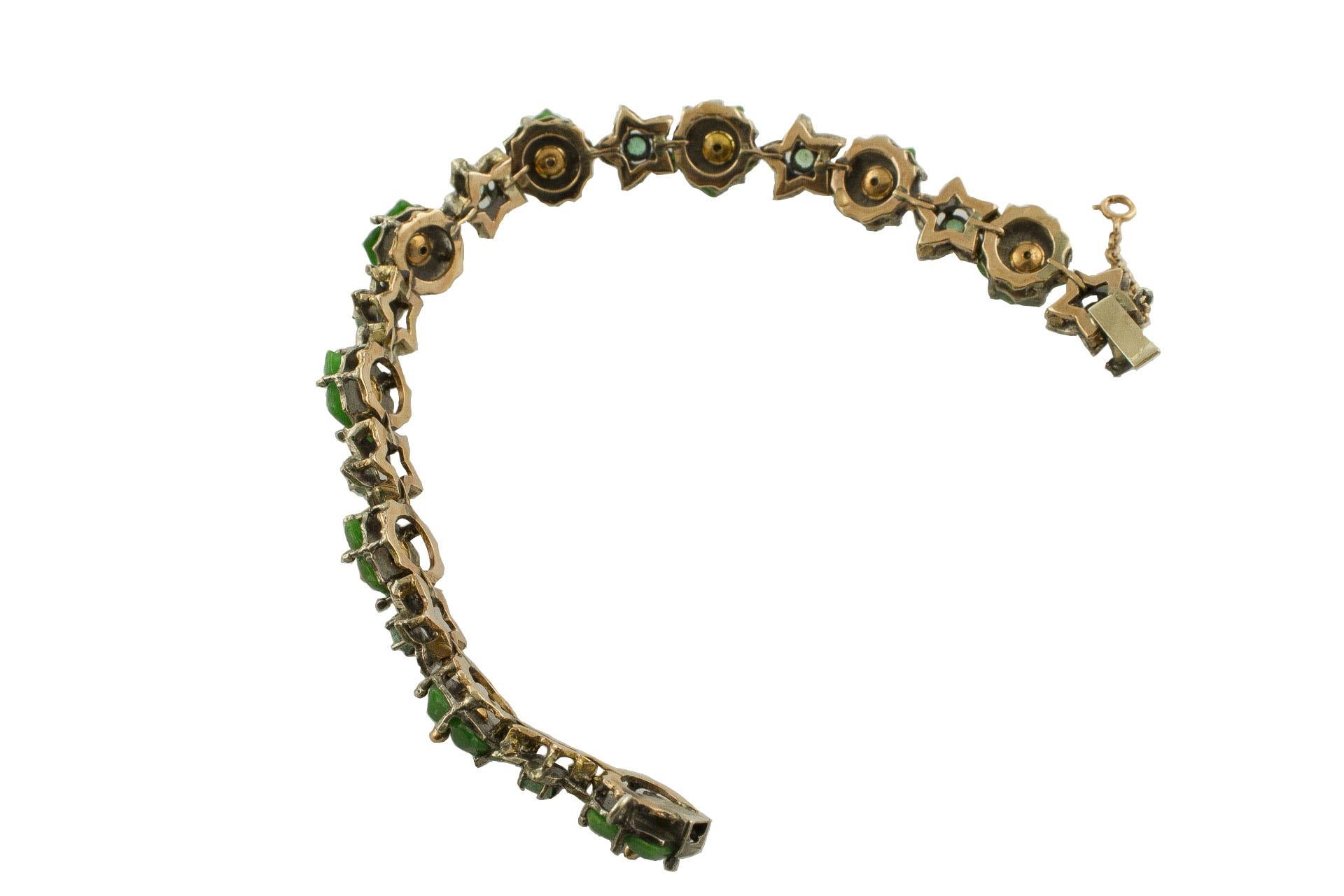 Women's Diamonds Emeralds Malaysian Jade Rose Gold and Silver Bracelet