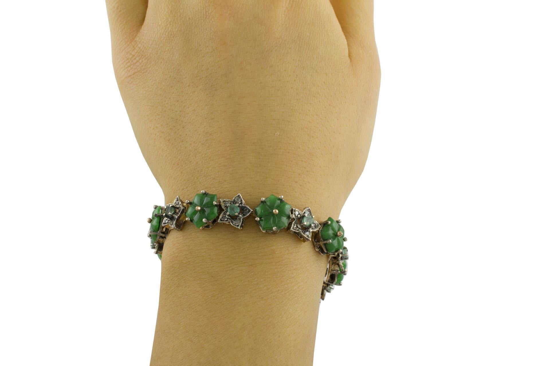 Diamonds Emeralds Malaysian Jade Rose Gold and Silver Bracelet 1
