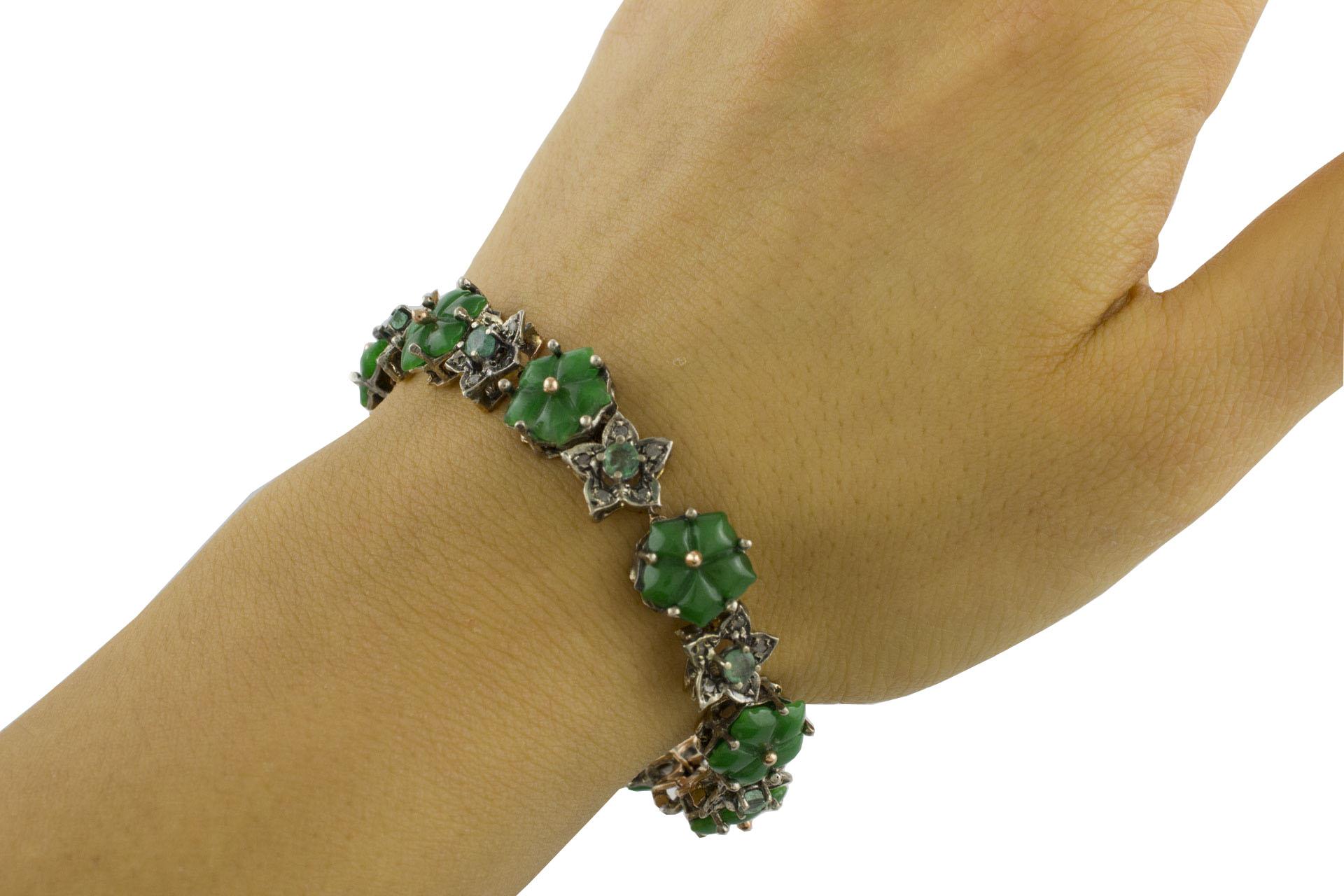 Diamonds Emeralds Malaysian Jade Rose Gold and Silver Bracelet 2