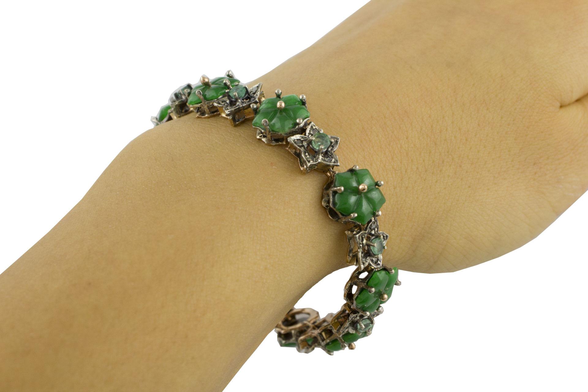 Diamonds Emeralds Malaysian Jade Rose Gold and Silver Bracelet 3