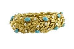 White Diamonds Turquoise Yellow Gold Leaves Theme Retrò Bracelet