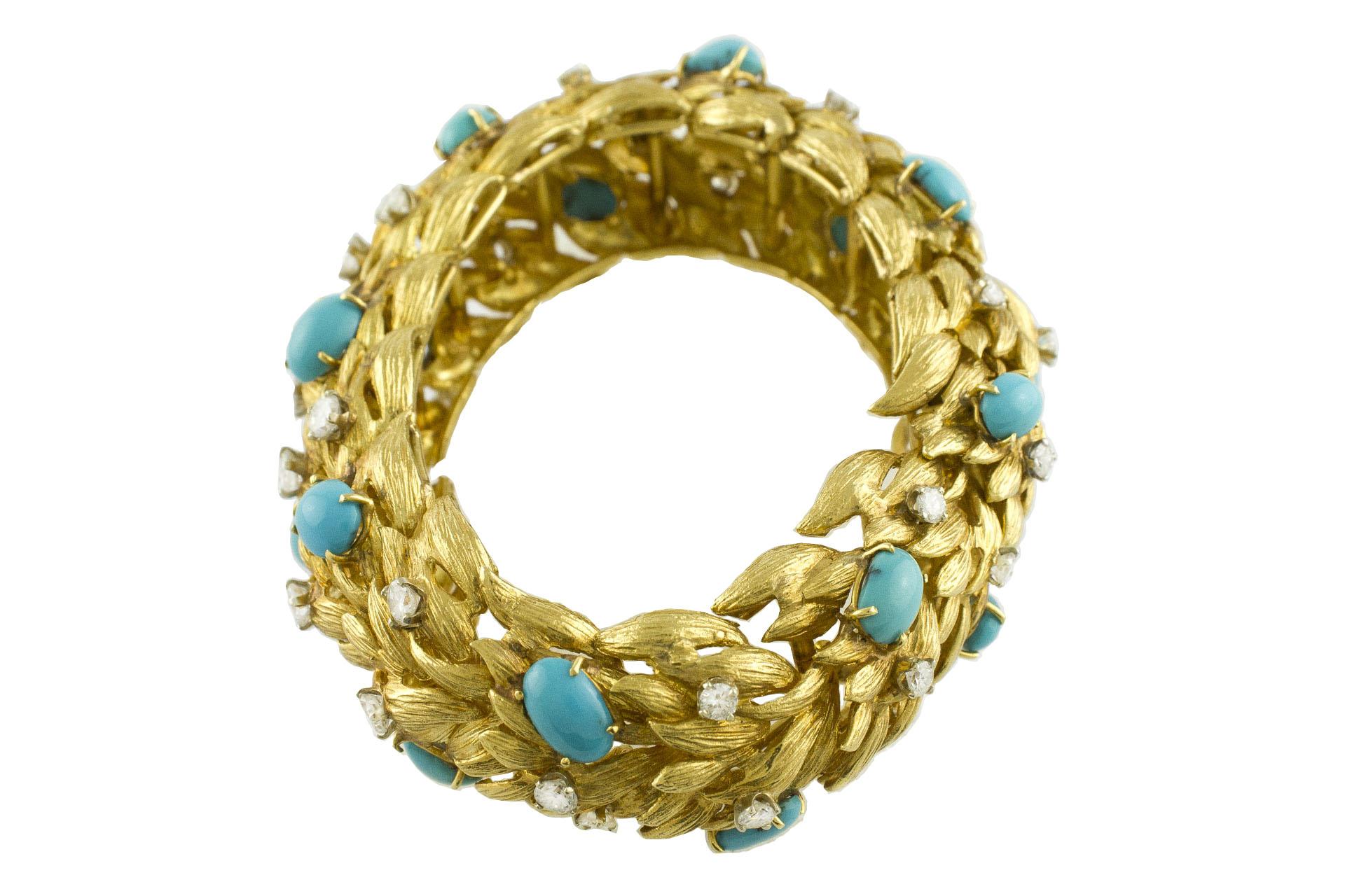Brilliant Cut White Diamonds Turquoise Yellow Gold Leaves Theme Retrò Bracelet For Sale