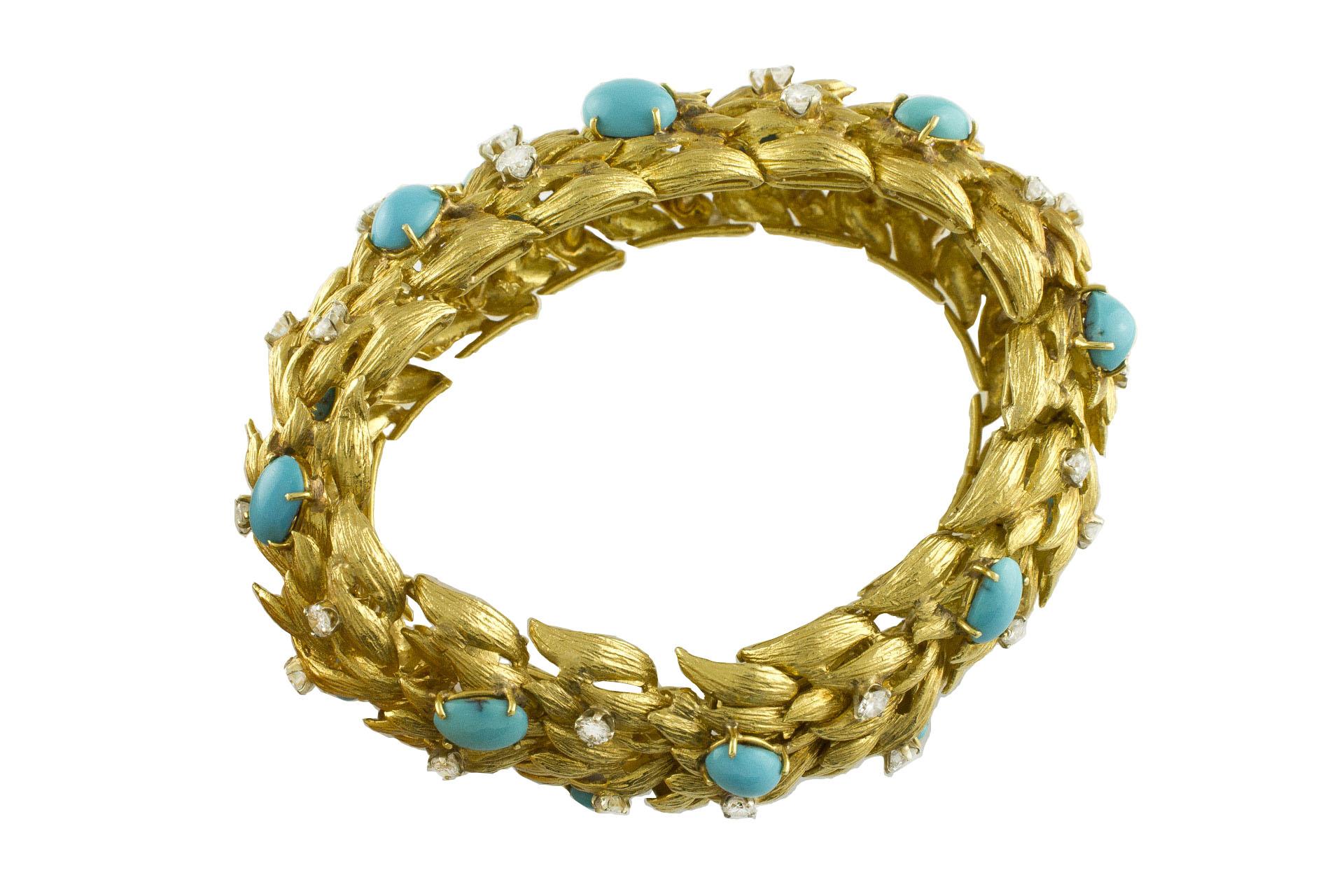 White Diamonds Turquoise Yellow Gold Leaves Theme Retrò Bracelet In Excellent Condition For Sale In Marcianise, Marcianise (CE)