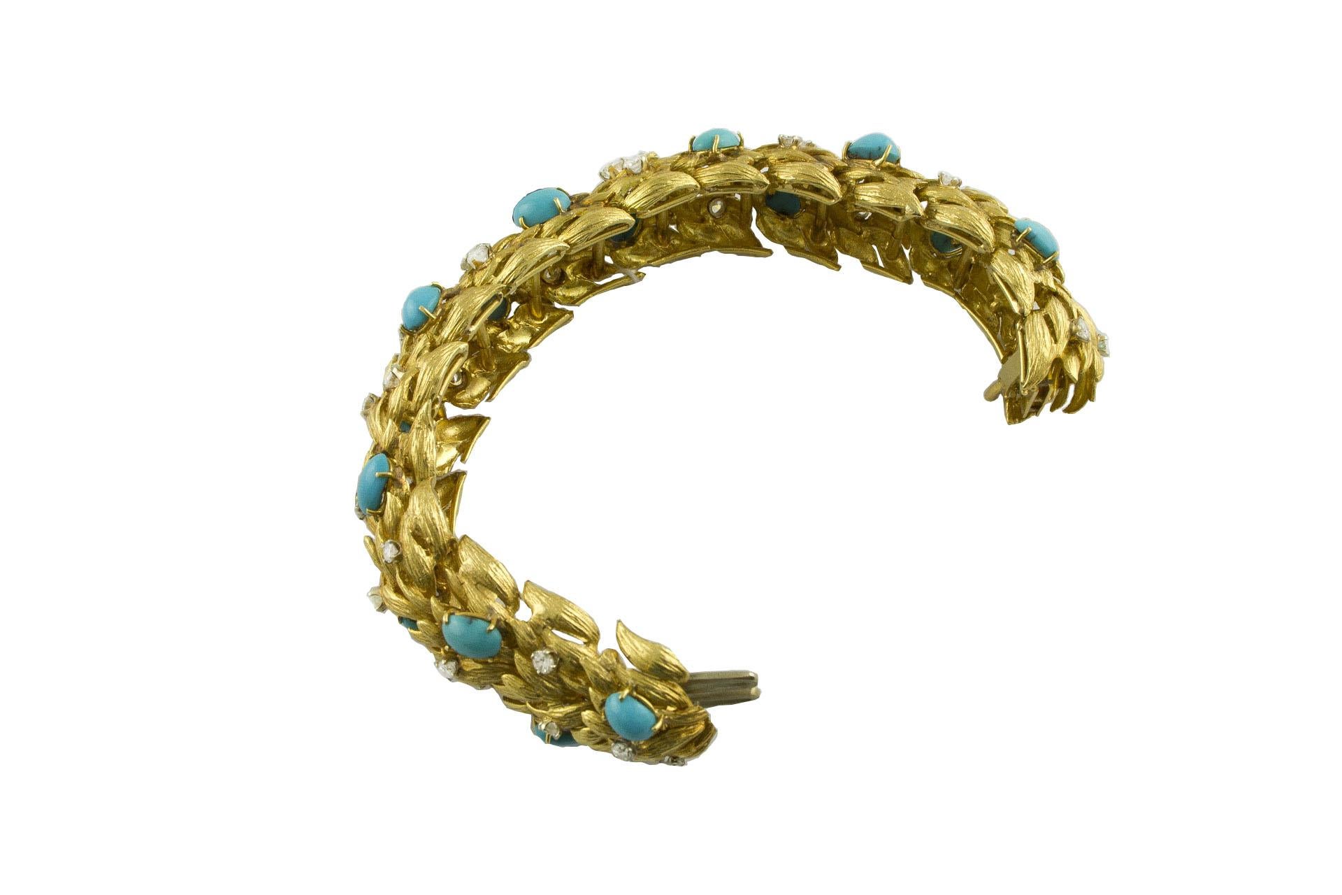 Women's White Diamonds Turquoise Yellow Gold Leaves Theme Retrò Bracelet For Sale