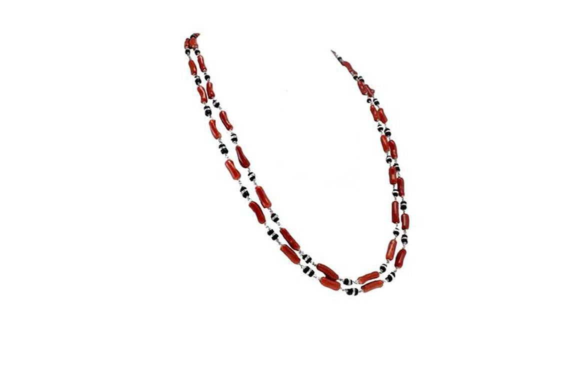 Retro Red Corals, Onyx, White Gold Multi-Strand Necklace or Bracelet