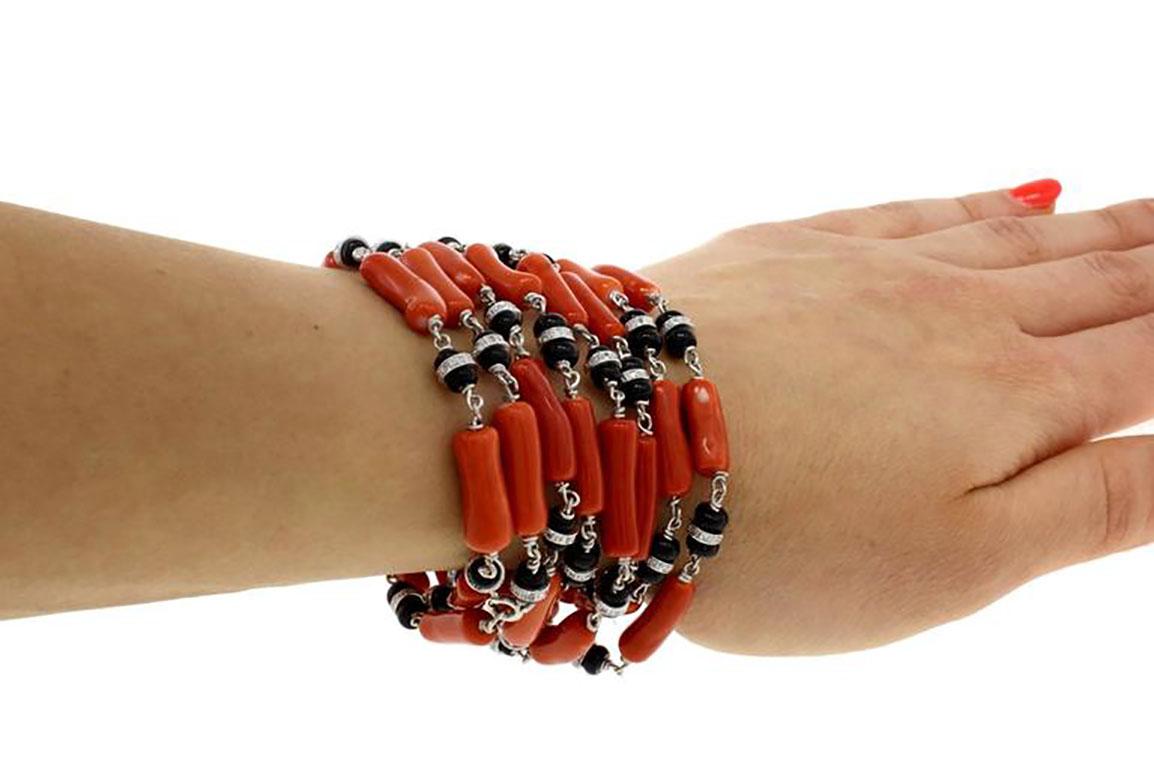 Women's Red Corals, Onyx, White Gold Multi-Strand Necklace or Bracelet