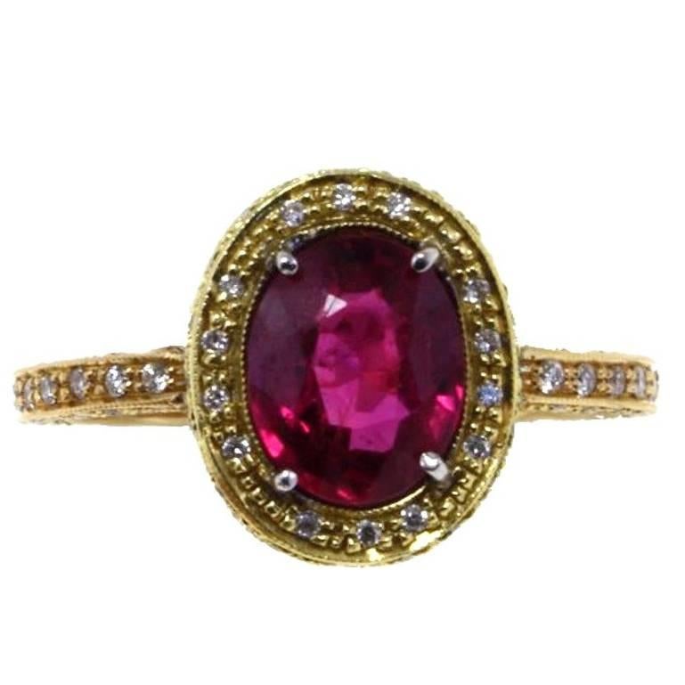 2.40 Carat Ruby, Diamonds, White Yellow and Rose Gold Solitaire Ring