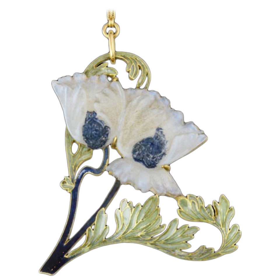 Art Nouveau Pavots Enamel and Opalescent Glass Pendant by Rene Lalique