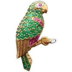 Retro Cartier 1950s Emerald Ruby Sapphire Diamond Parrot Brooch