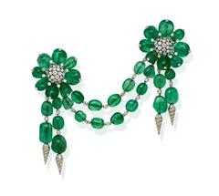 Vintage 'Les Ferrets De La Reine' An Exceptional Emerald And Damond Devant De Corsage 