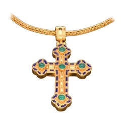 Ilias Lalaounis Enamel Cabochon Emerald Gold Cross Chain