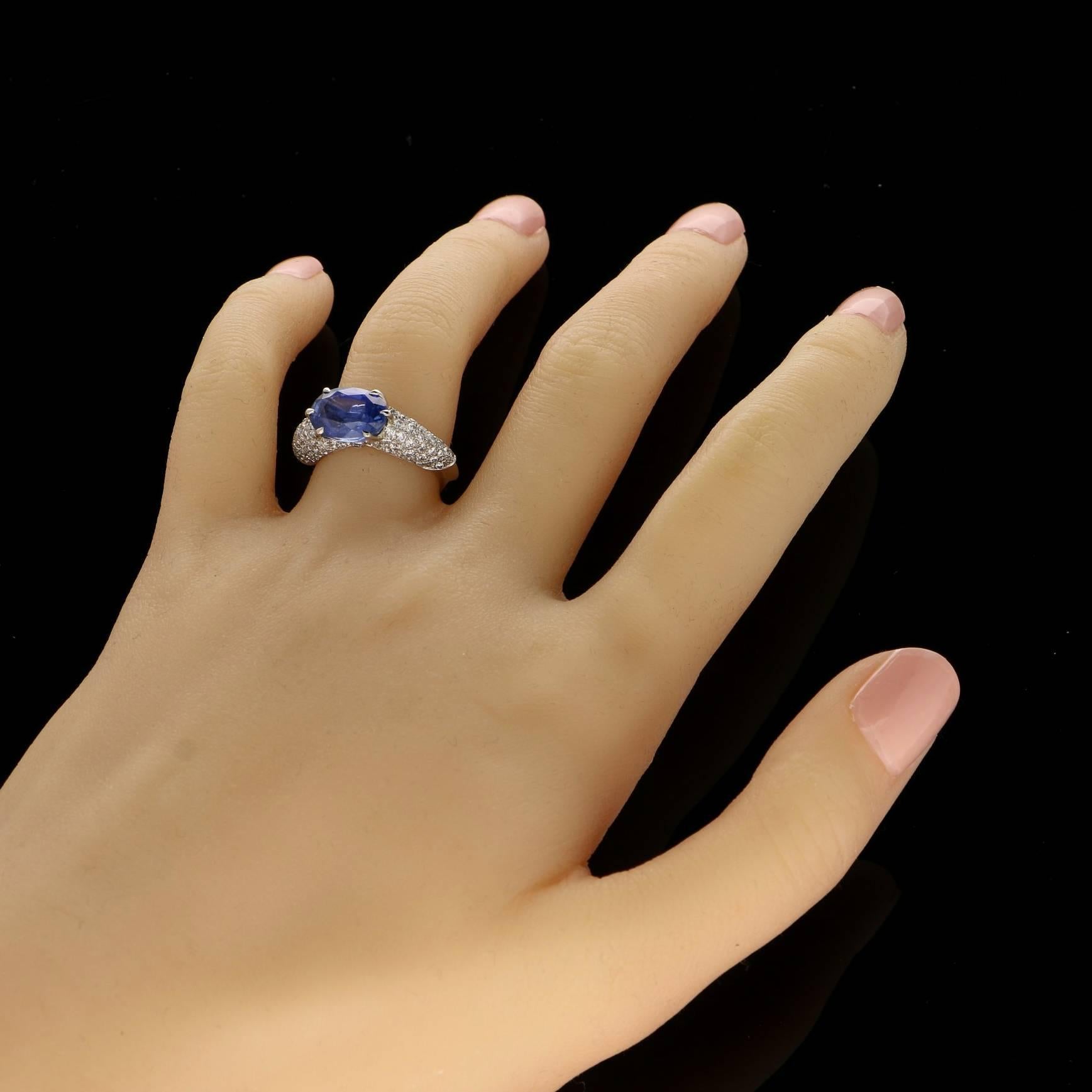 Women's 4.76 Carat Sapphire Ring with Pavé Diamond-Set Raised Mount in Platinum